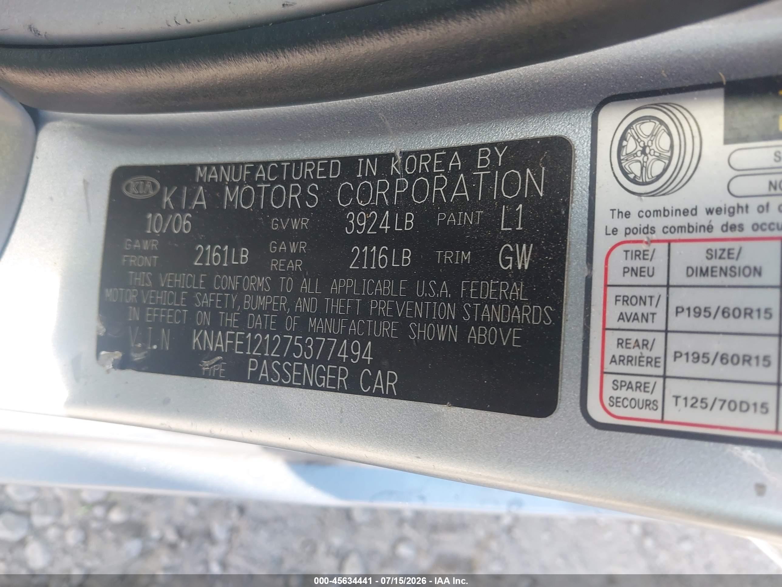 2007 Kia Spectra Ex Silver vin: KNAFE121275377494