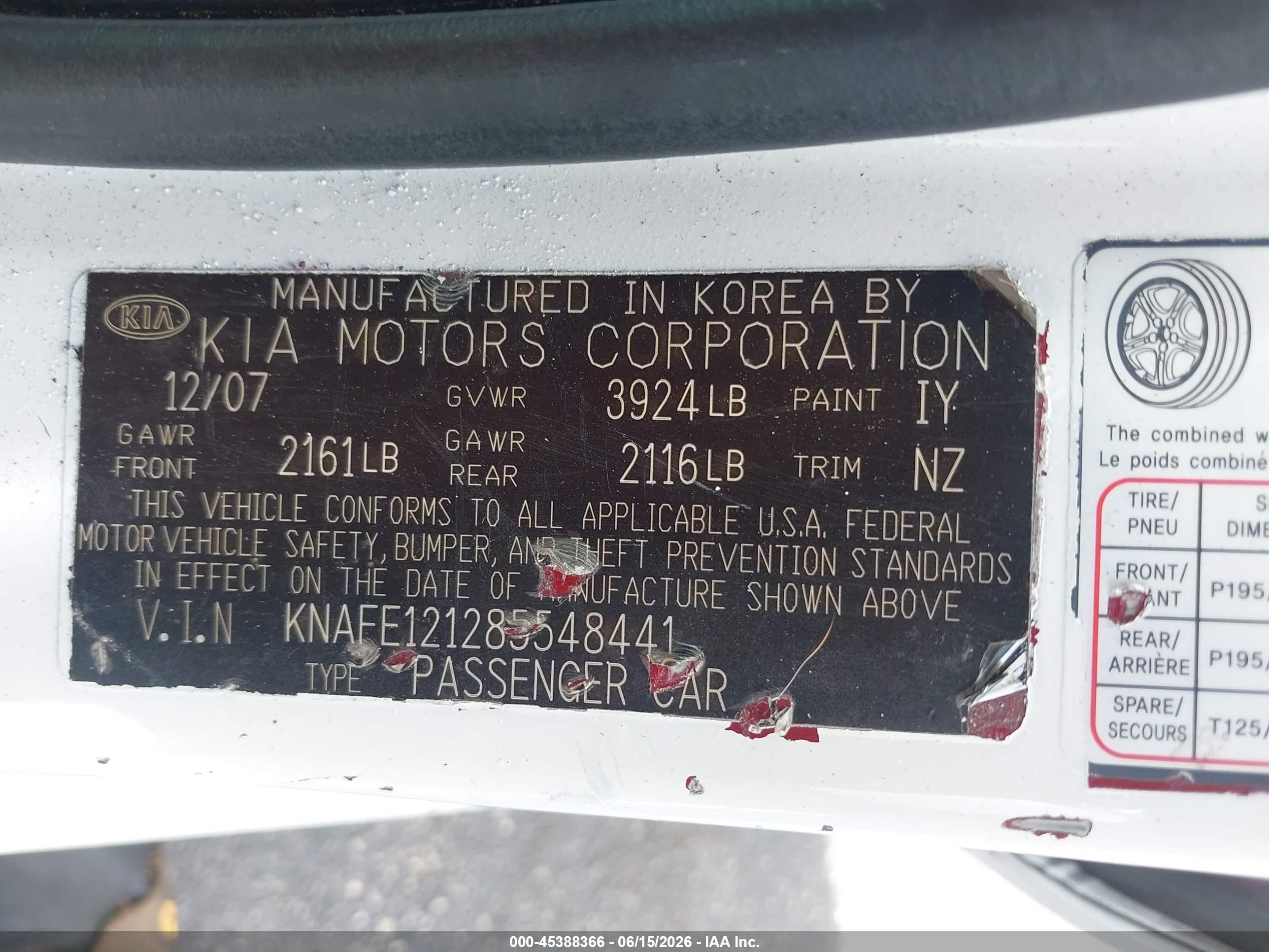 2008 Kia Spectra Ex White vin: KNAFE121285548441