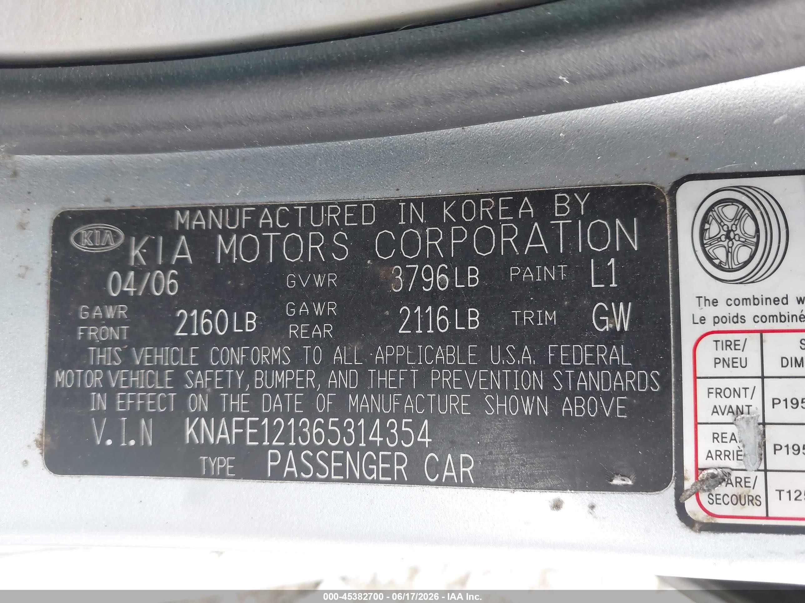 2006 Kia Spectra Ex/lx/sx Light Blue vin: KNAFE121365314354