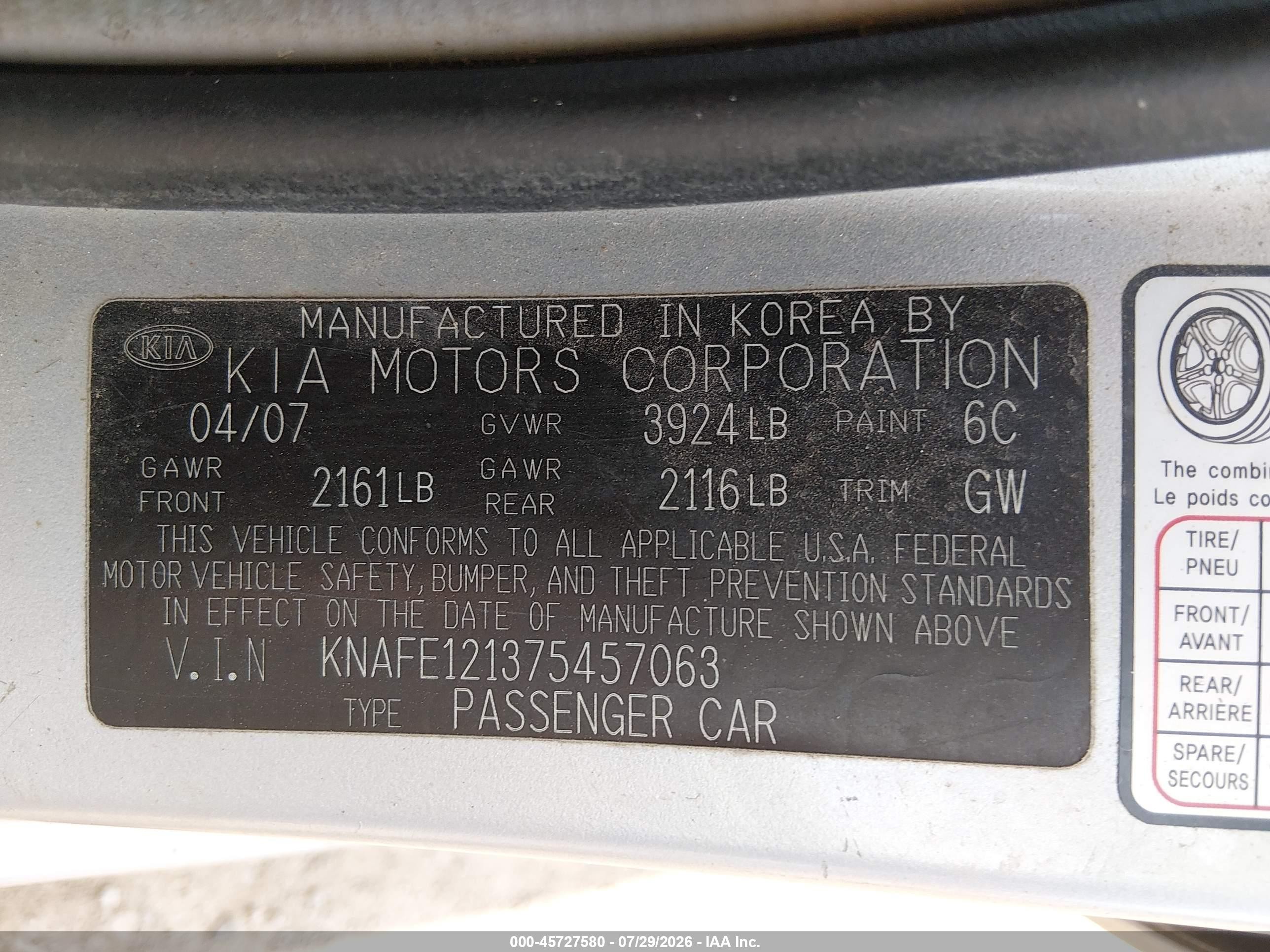 2007 Kia Spectra Ex Silver vin: KNAFE121375457063