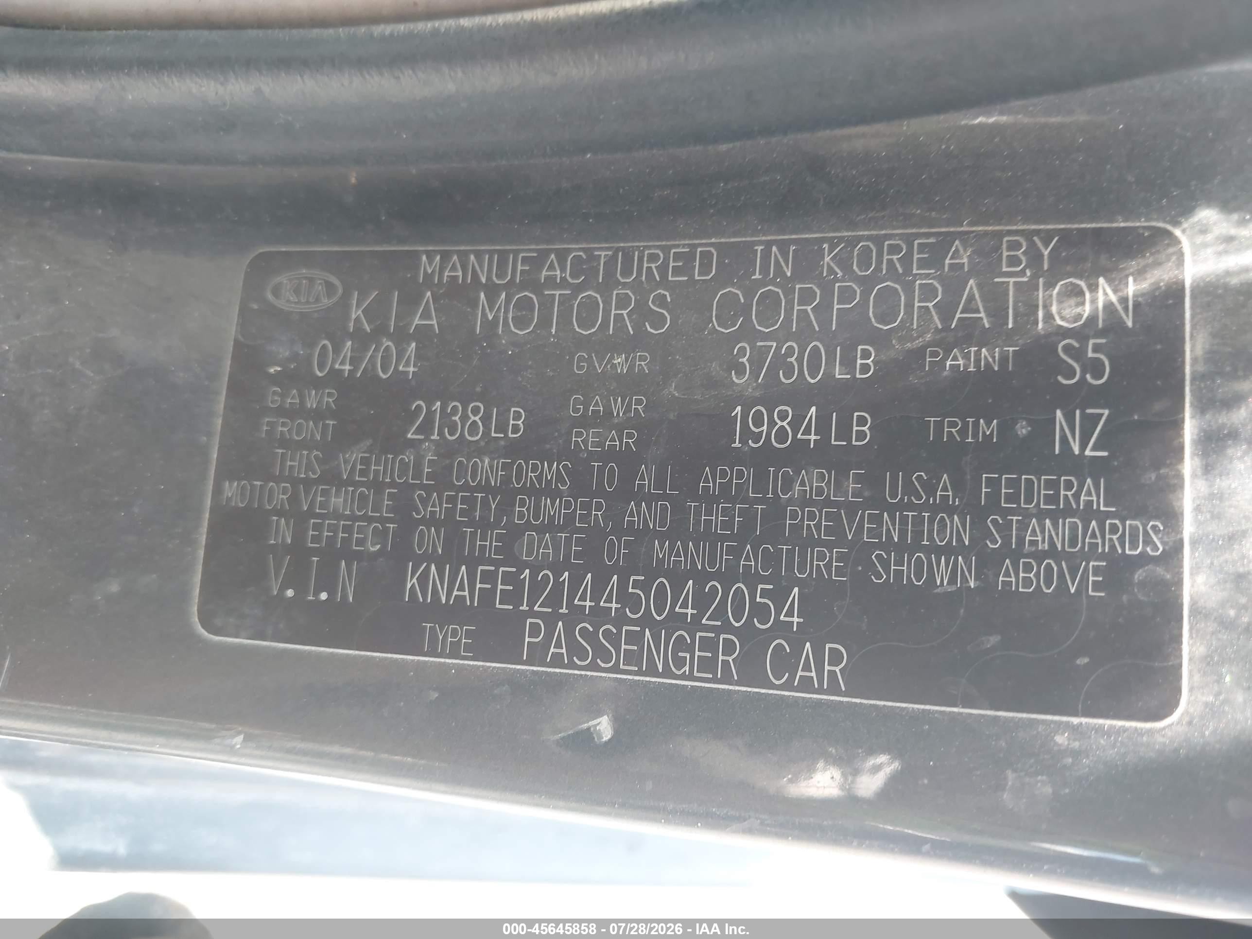 2004 Kia Spectra Ex/lx Gray vin: KNAFE121445042054