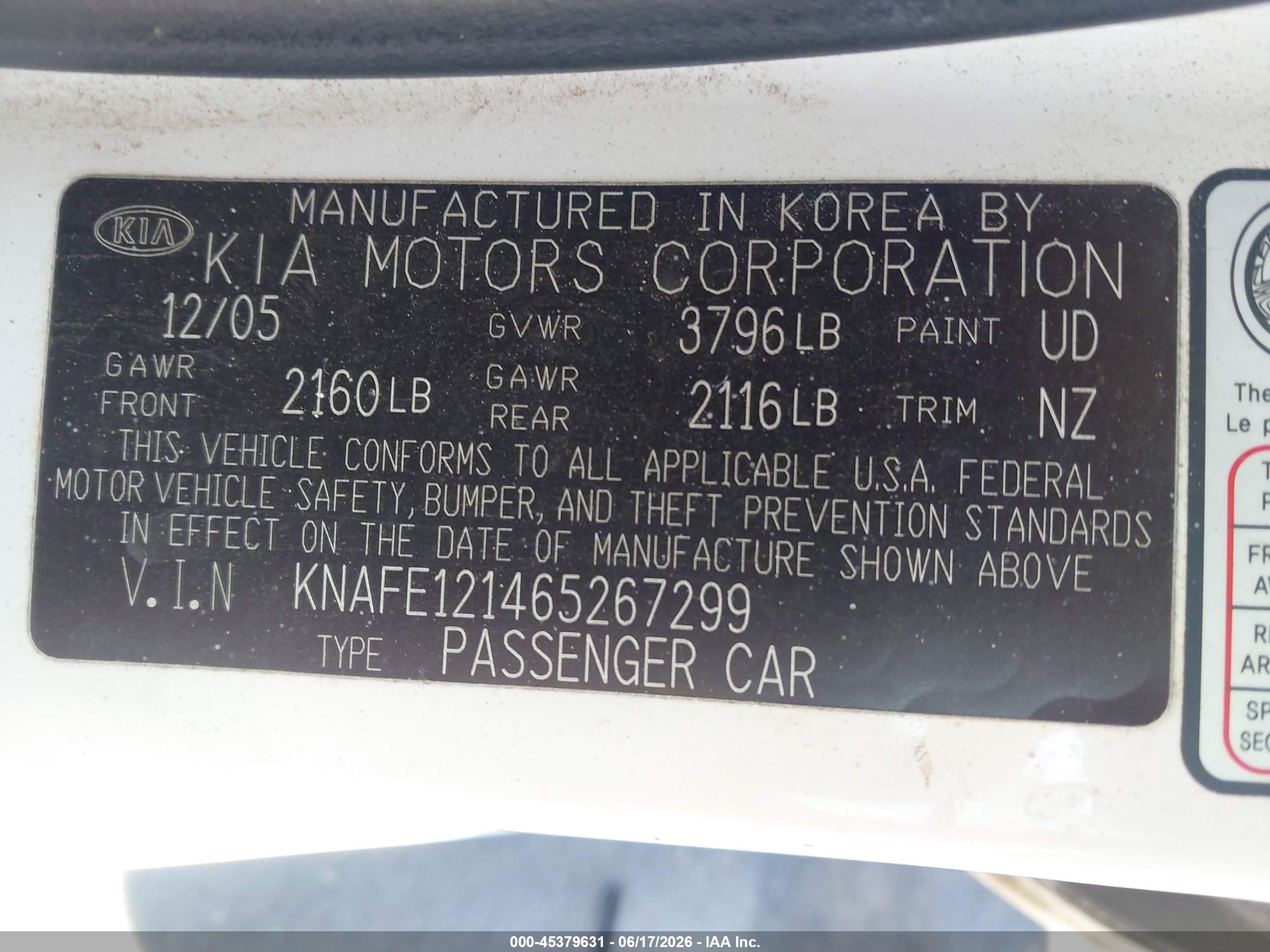 2006 Kia Spectra Ex/lx/sx Белый vin: KNAFE121465267299