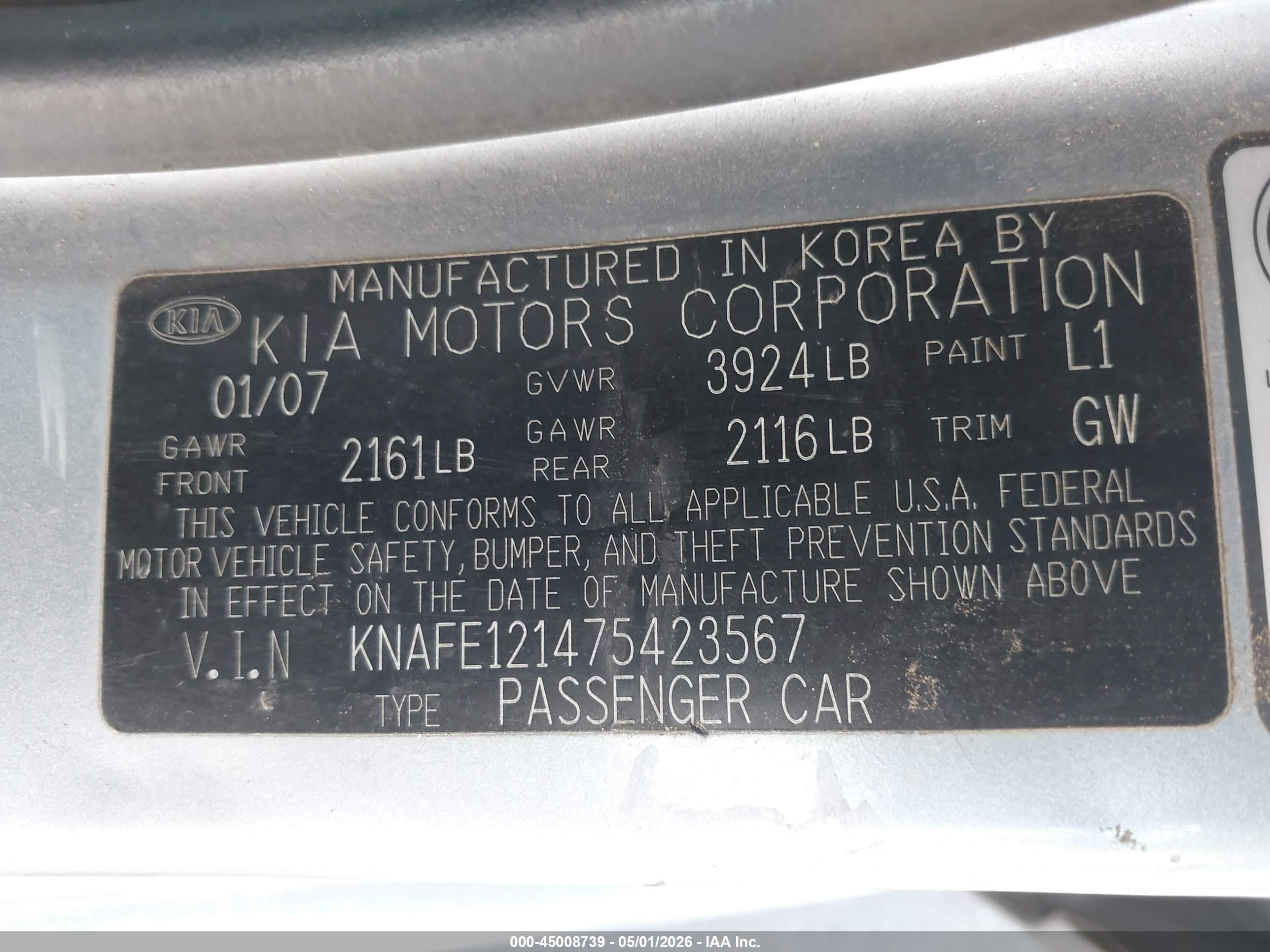 2007 Kia Spectra Ex Silver vin: KNAFE121475423567