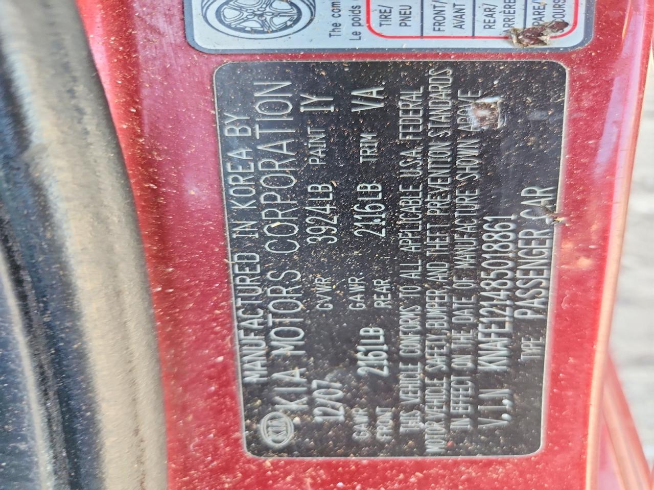 2008 Kia Spectra Lx Red vin: KNAFE121485018861