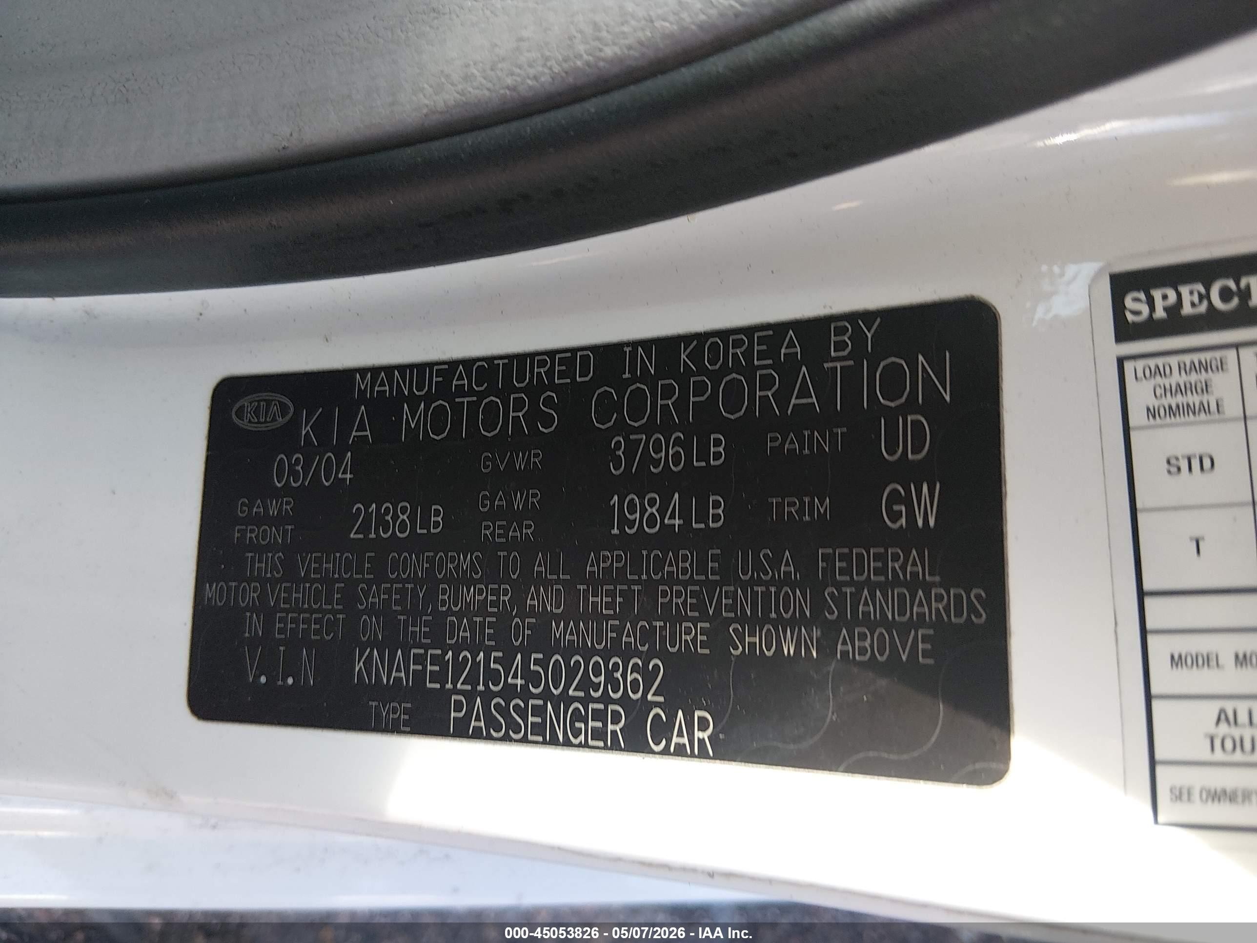 2004 Kia Spectra Ex/lx Белый vin: KNAFE121545029362