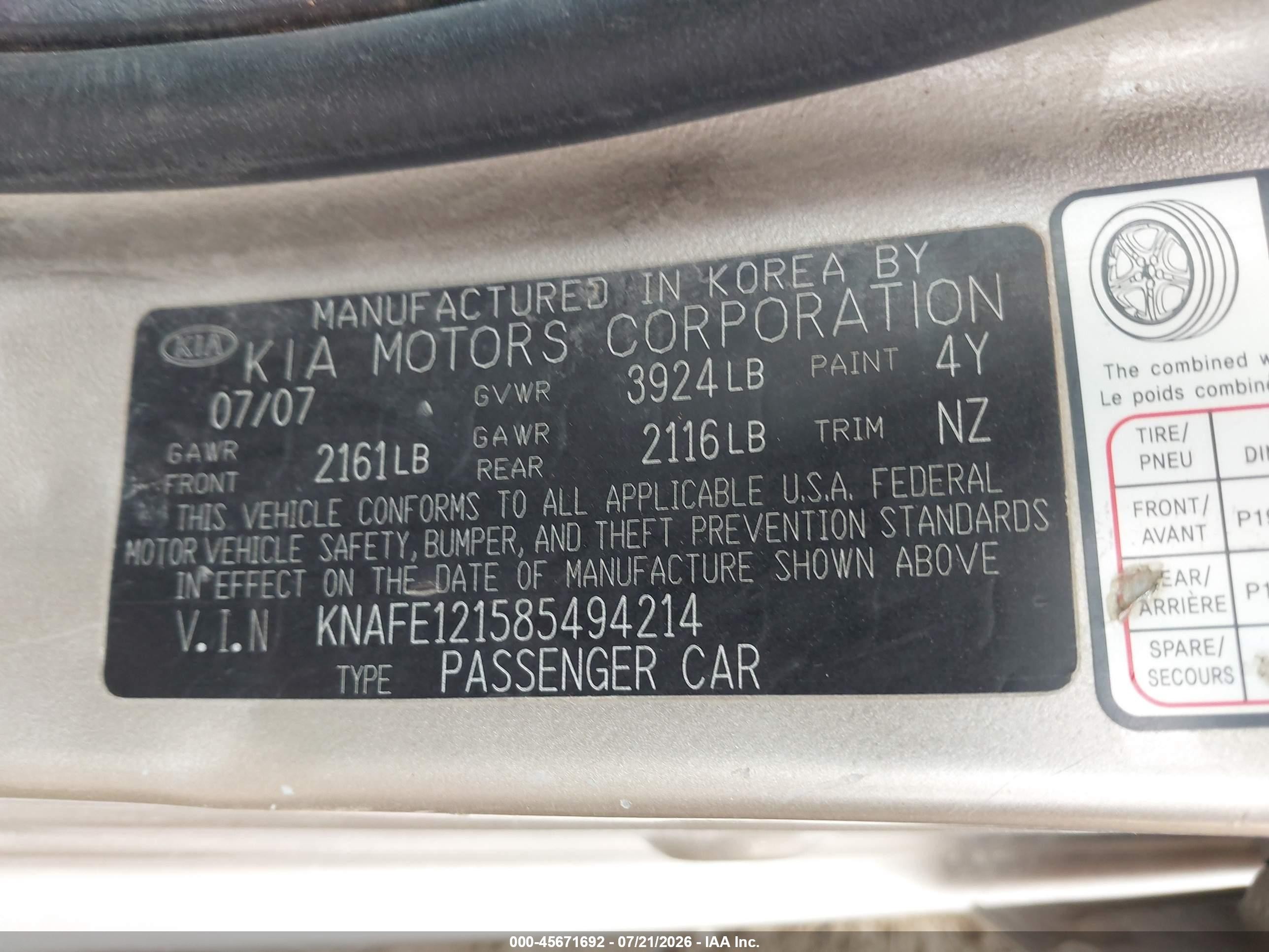 2008 Kia Spectra Ex Gold vin: KNAFE121585494214