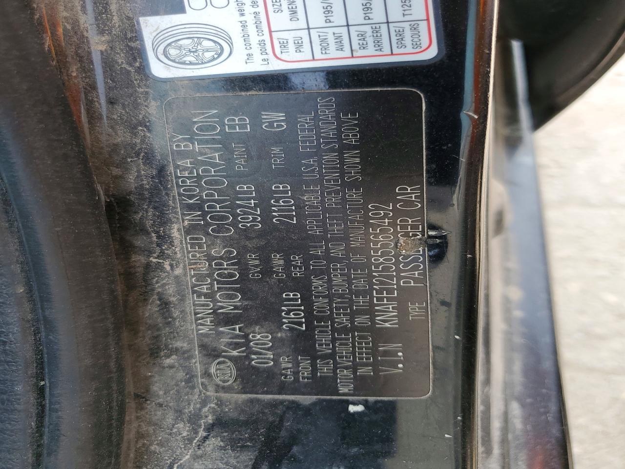 2008 Kia Spectra Black vin: KNAFE121585565492