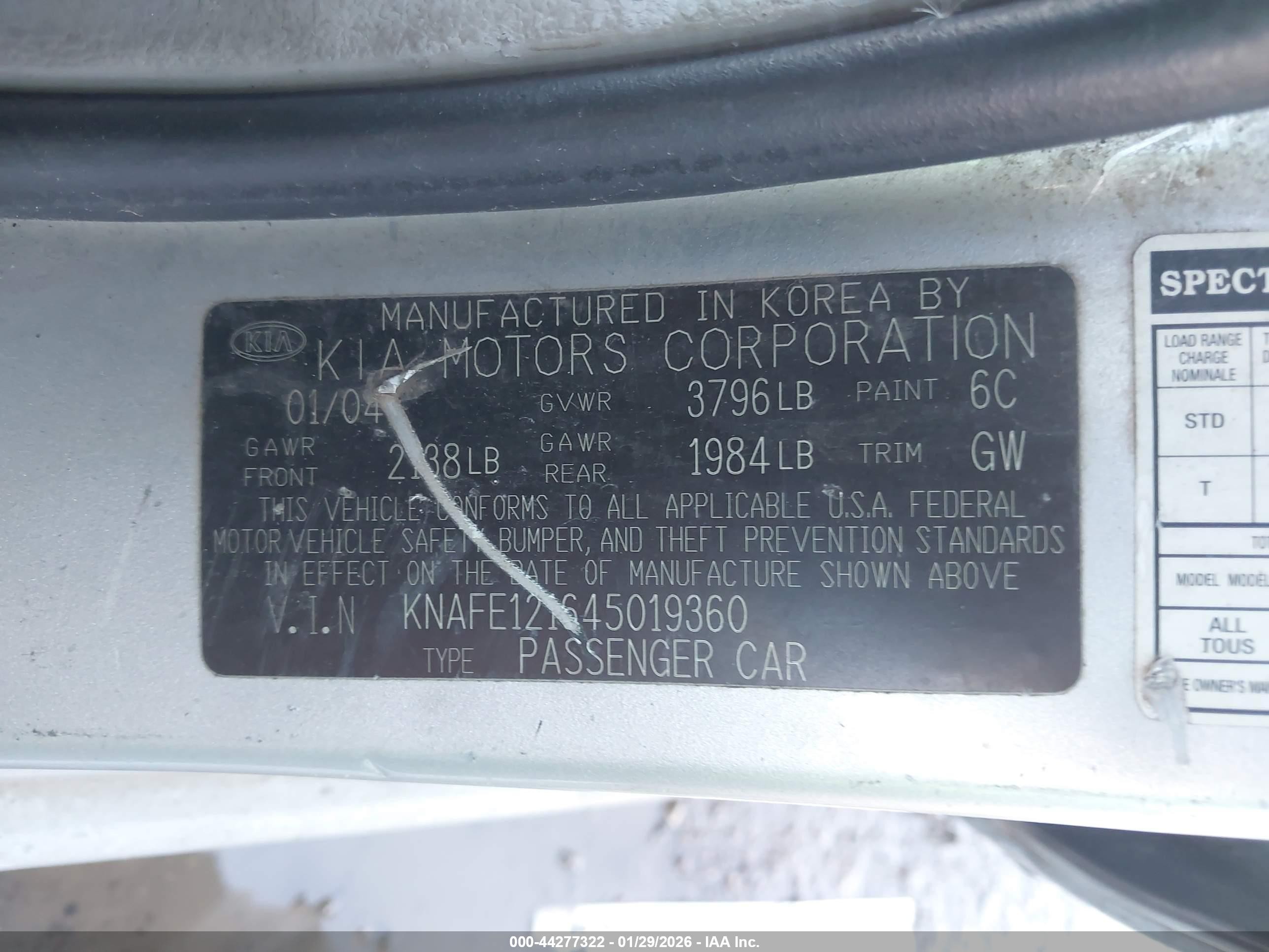 2004 Kia Spectra Ex/lx Silver vin: KNAFE121645019360