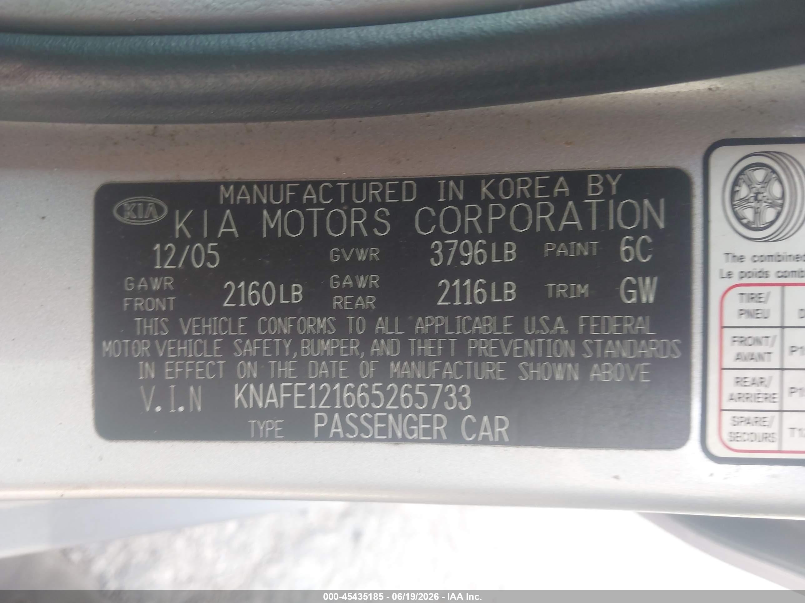 2006 Kia Spectra Ex/lx/sx Silver vin: KNAFE121665265733