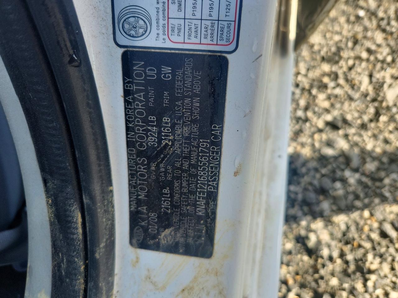 2008 Kia Spectra Lx White vin: KNAFE121685561791
