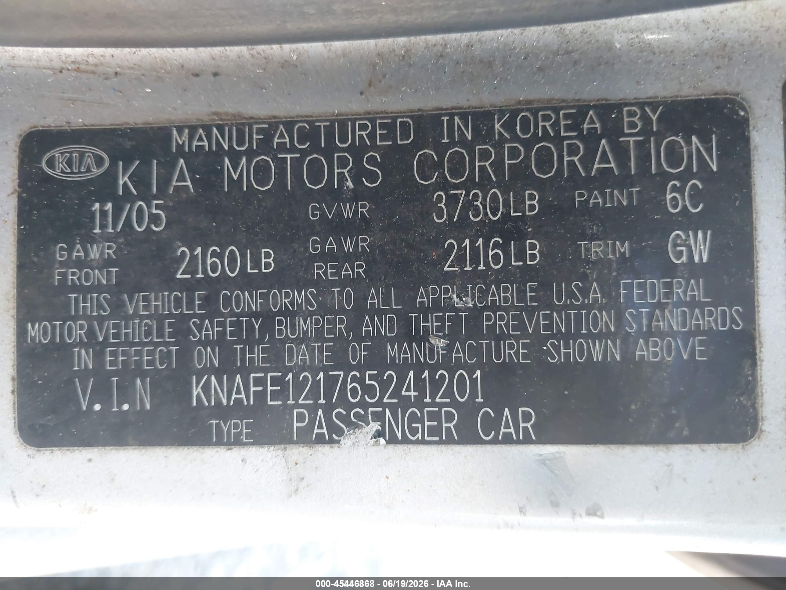 2006 Kia Spectra Ex/lx/sx Silver vin: KNAFE121765241201
