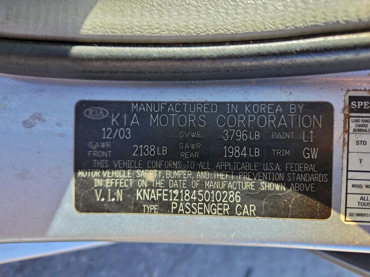 2004 Kia Spectra Lx Silver vin: KNAFE121845010286