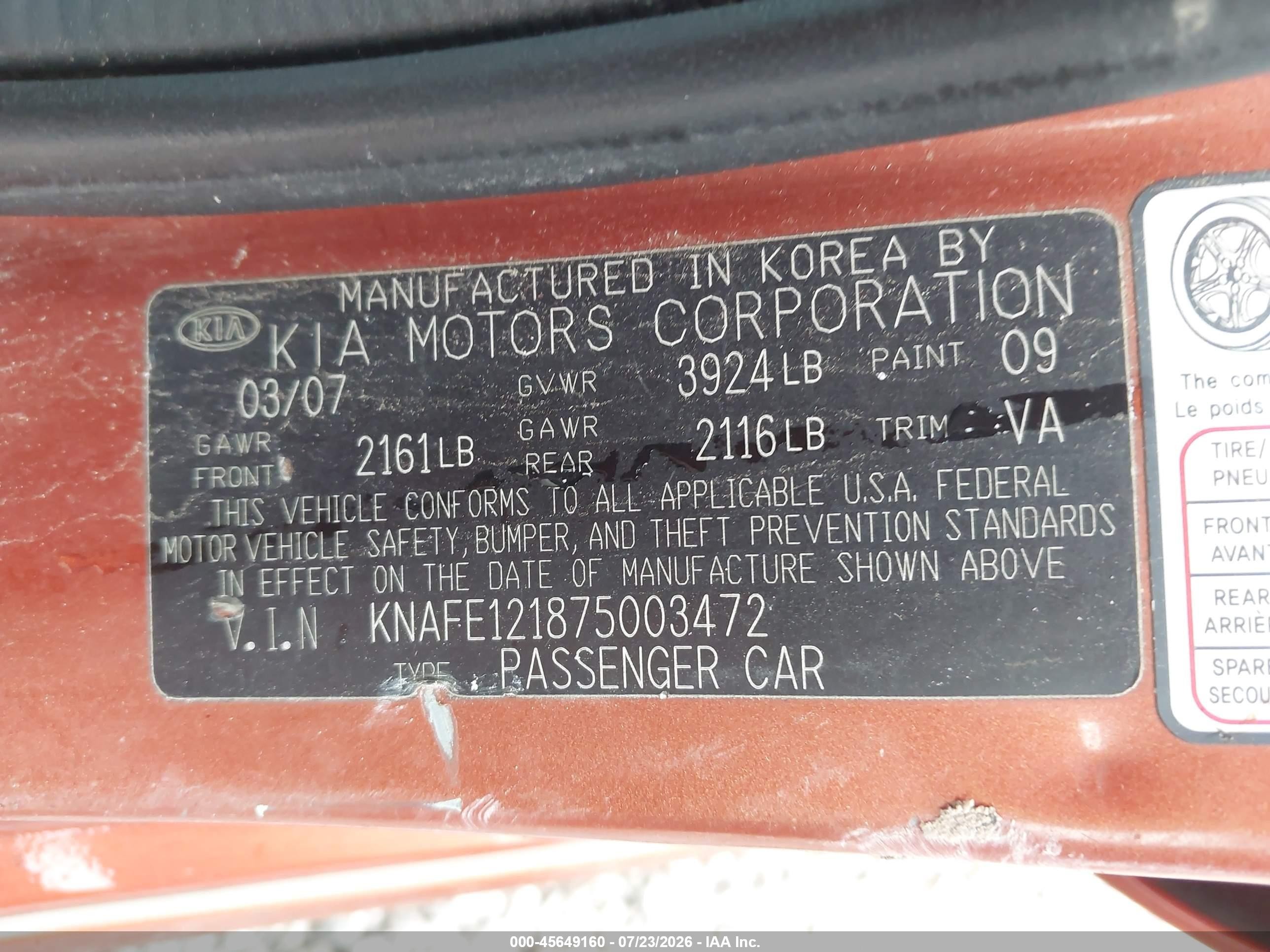 2007 Kia Spectra Sx Orange vin: KNAFE121875003472