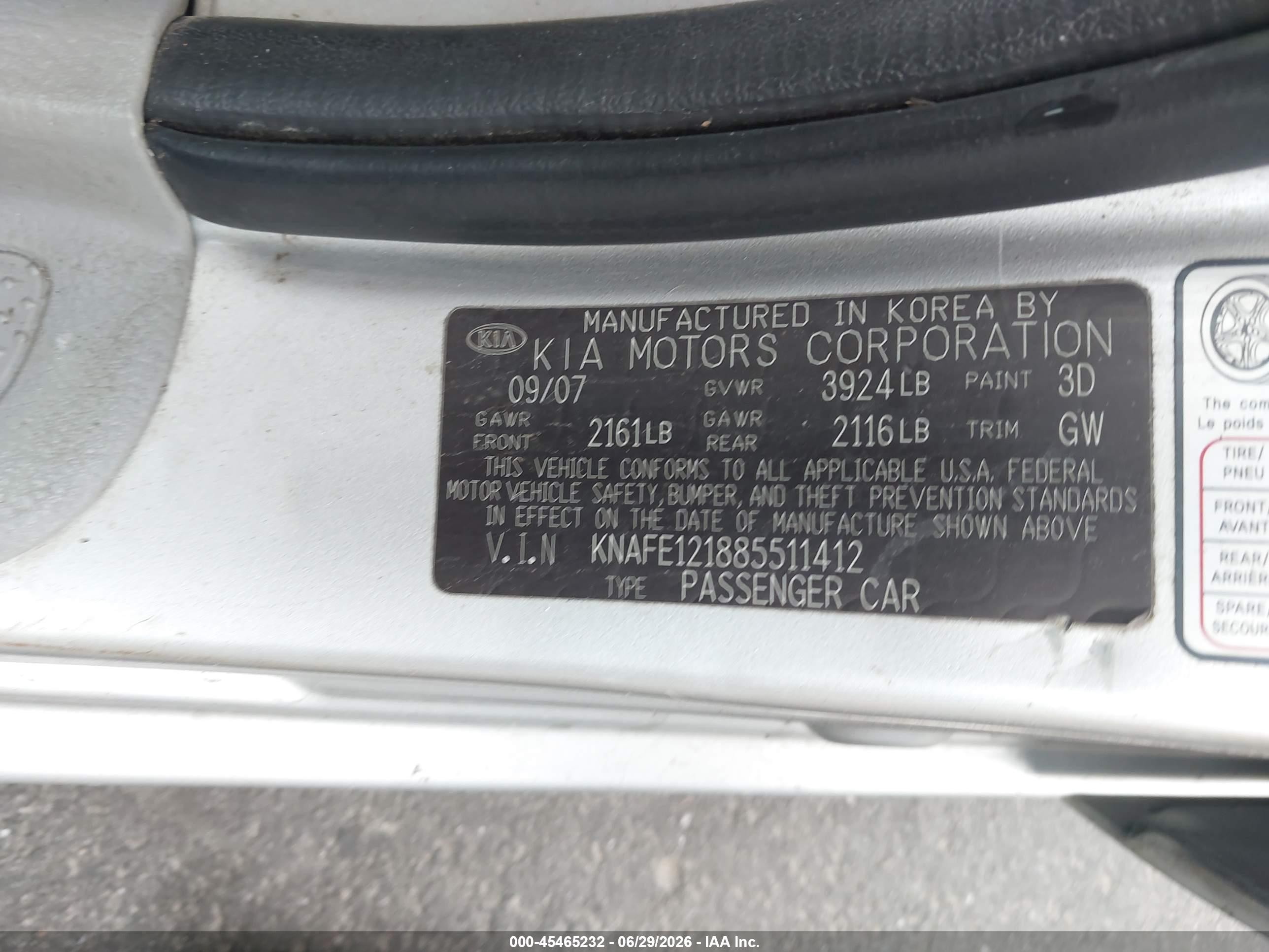 2008 Kia Spectra Ex Silver vin: KNAFE121885511412