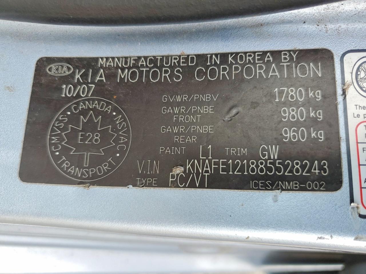 2008 Kia Spectra Lx Silver vin: KNAFE121885528243
