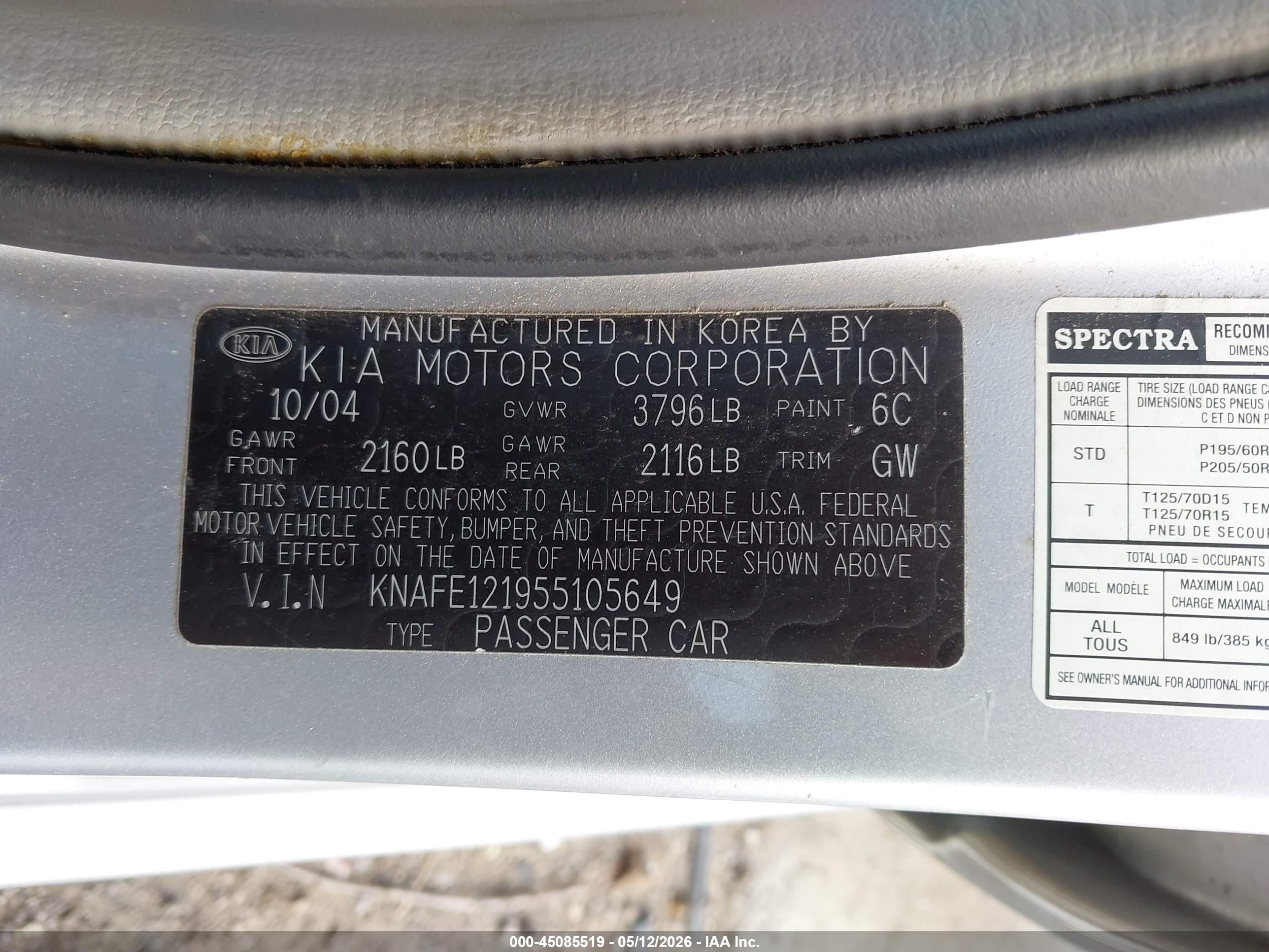2005 Kia Spectra Ex/lx/sx Silver vin: KNAFE121955105649