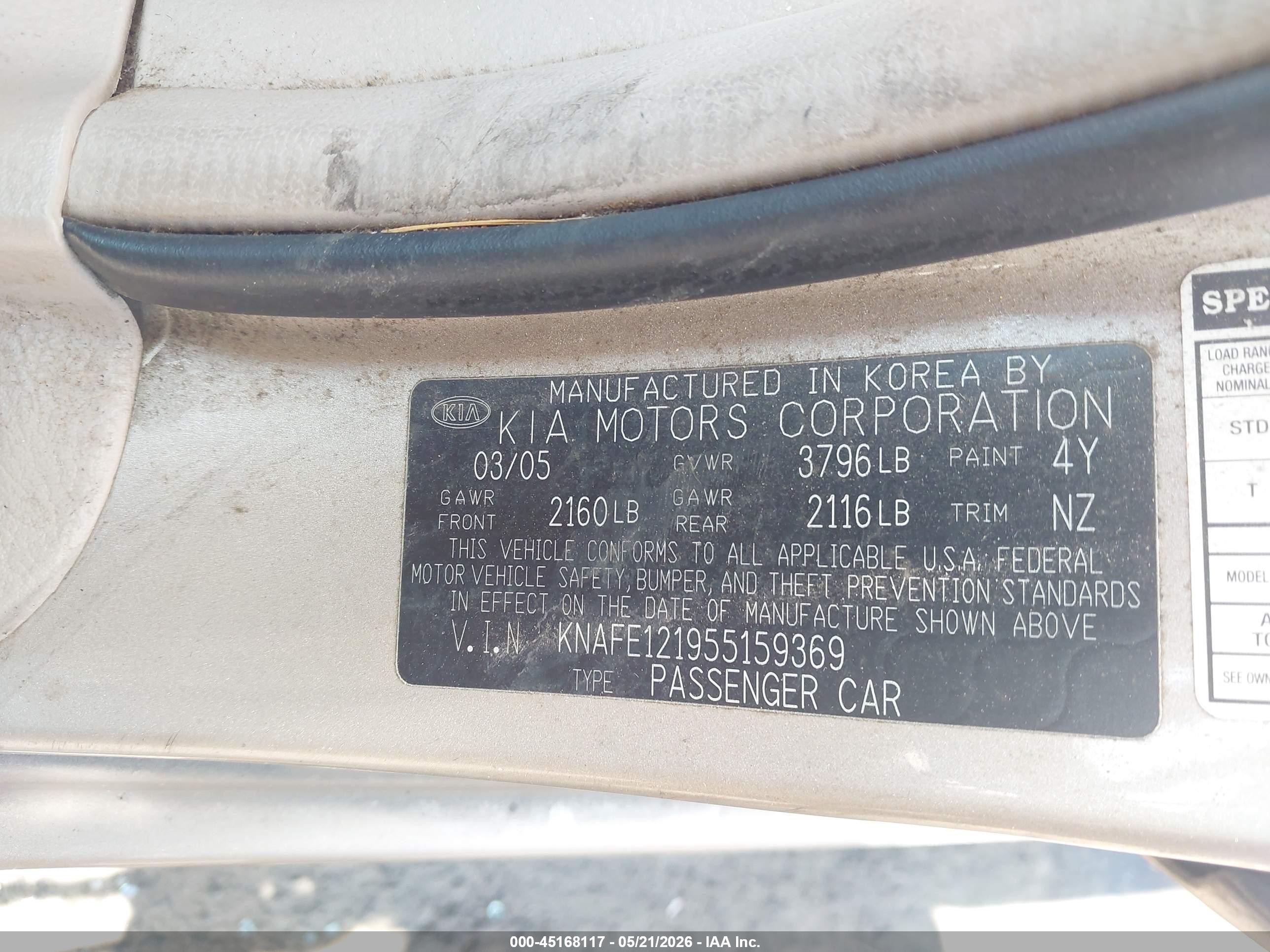 2005 Kia Spectra Ex/lx/sx Gold vin: KNAFE121955159369