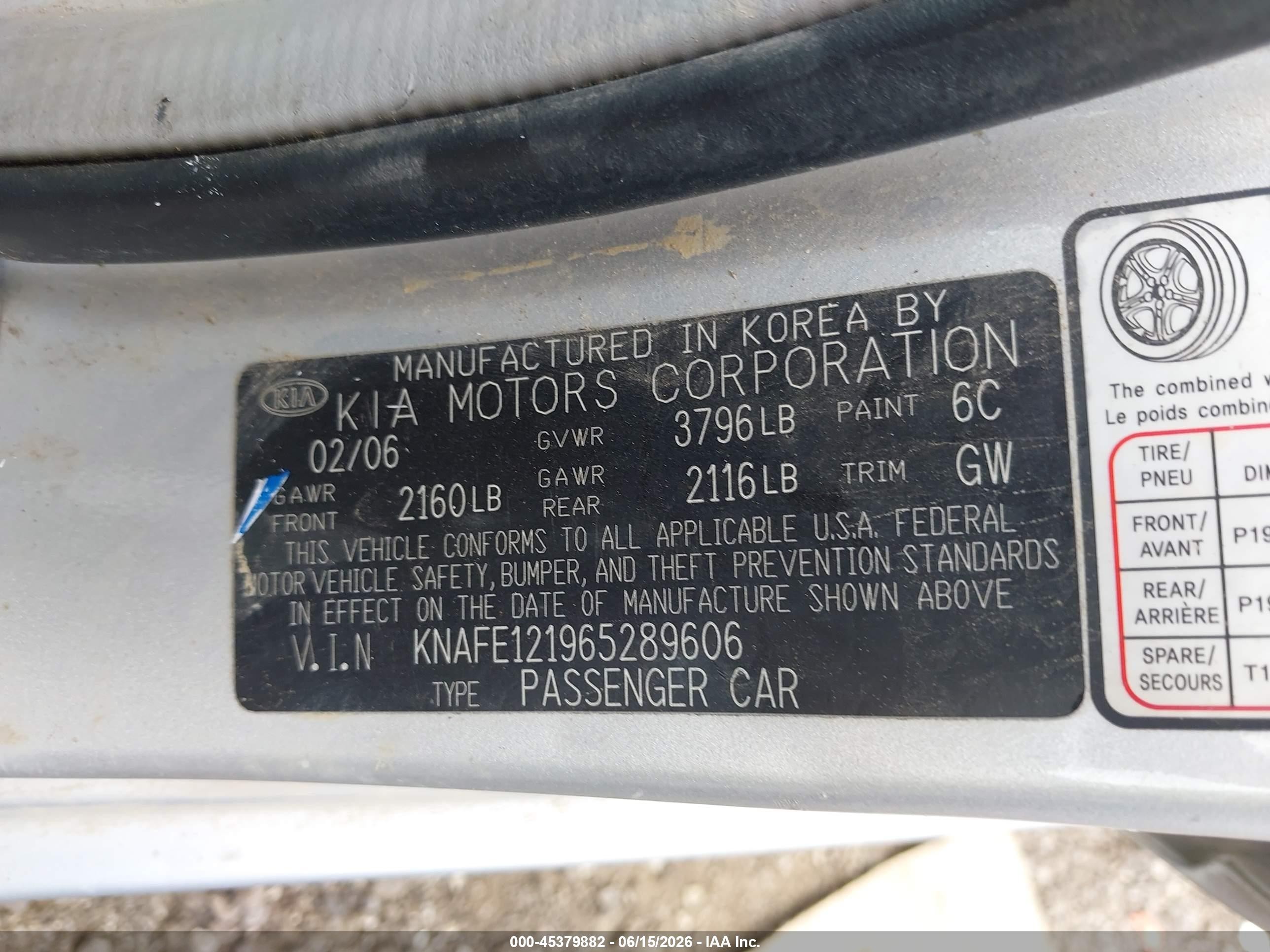 2006 Kia Spectra Ex/lx/sx Silver vin: KNAFE121965289606