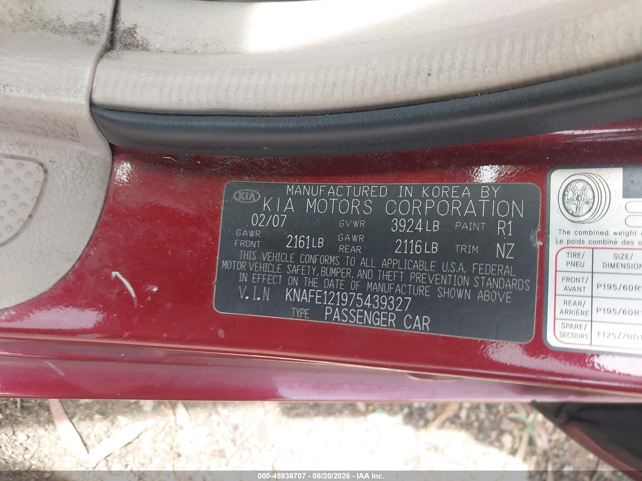 2007 Kia Spectra Ex Red vin: KNAFE121975439327