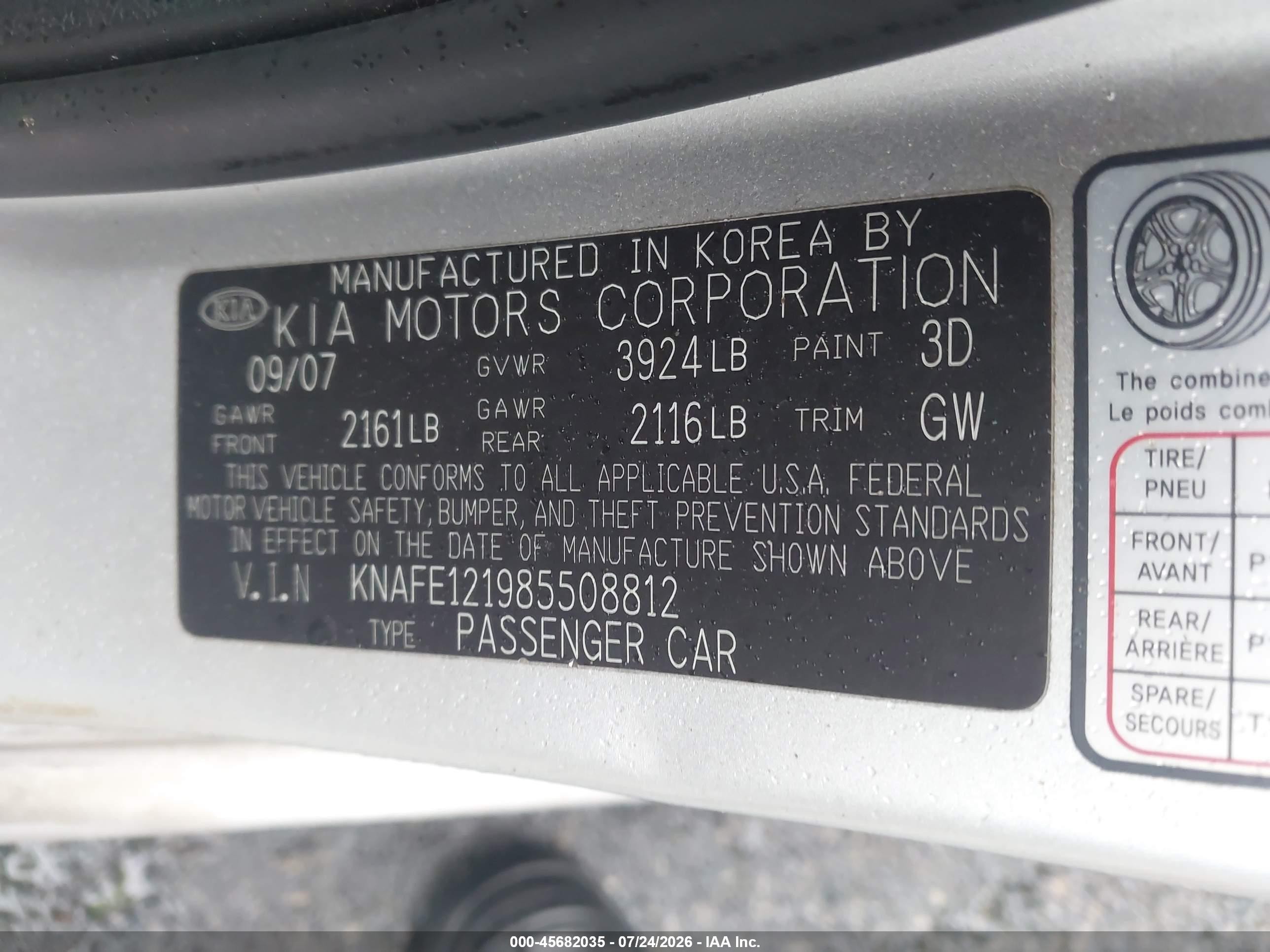 2008 Kia Spectra Lx Silver vin: KNAFE121985508812