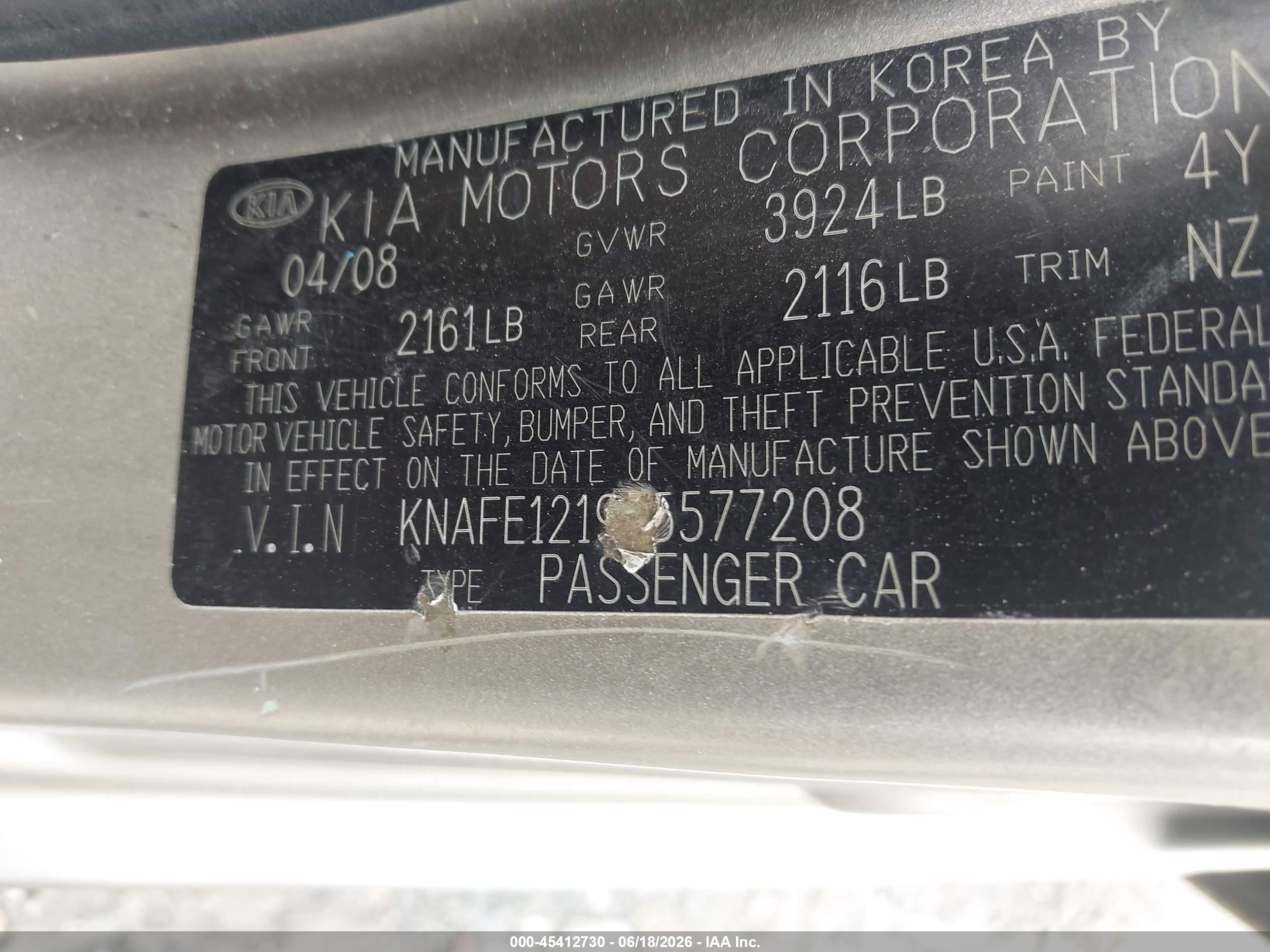 2008 Kia Spectra Ex Champagne vin: KNAFE121985577208