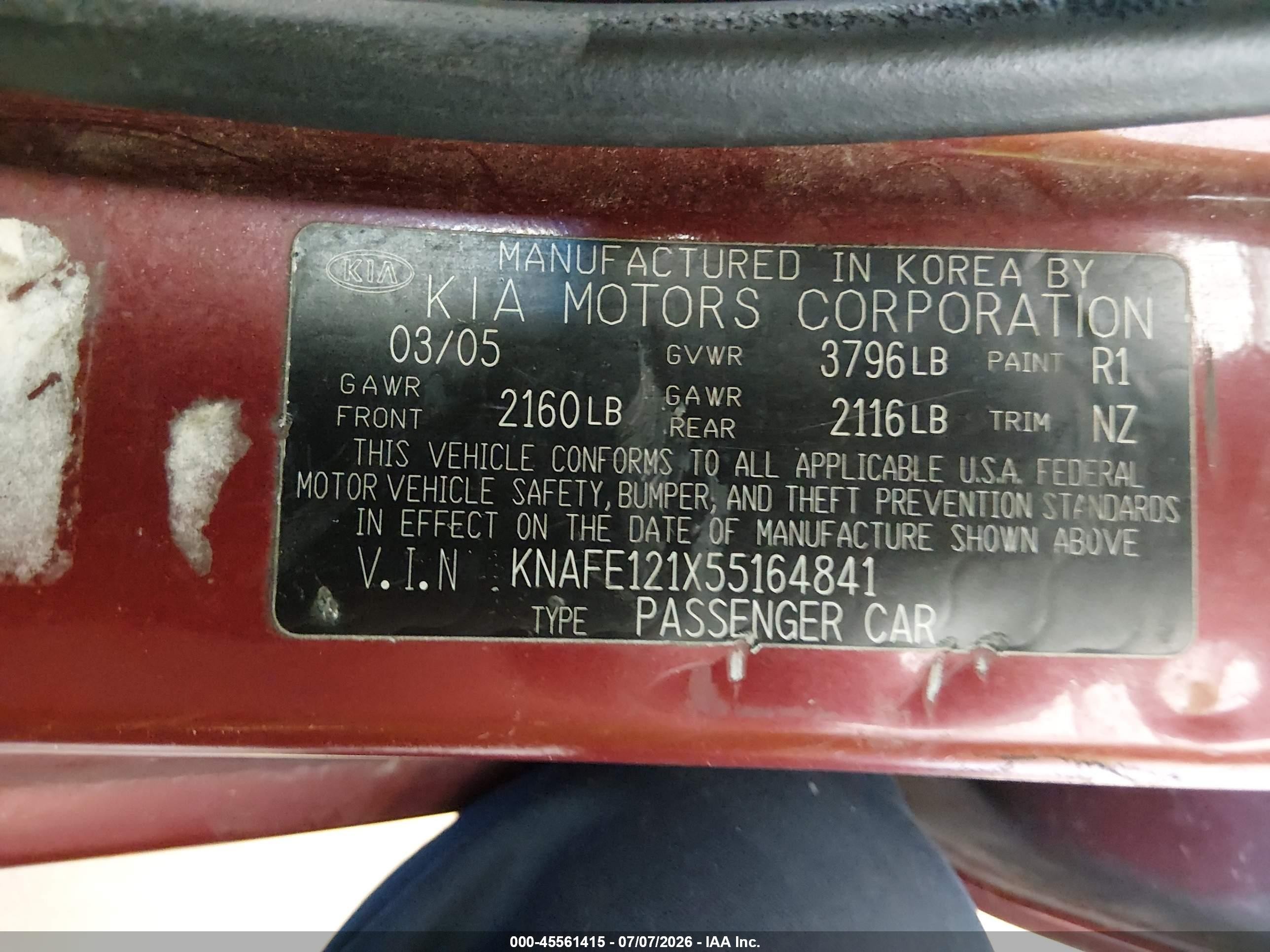 2005 Kia Spectra Ex/lx/sx Burgundy vin: KNAFE121X55164841