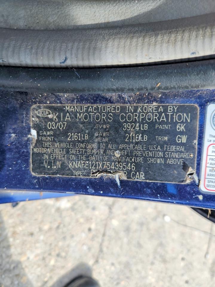 2007 Kia Spectra Lx Blue vin: KNAFE121X75439546