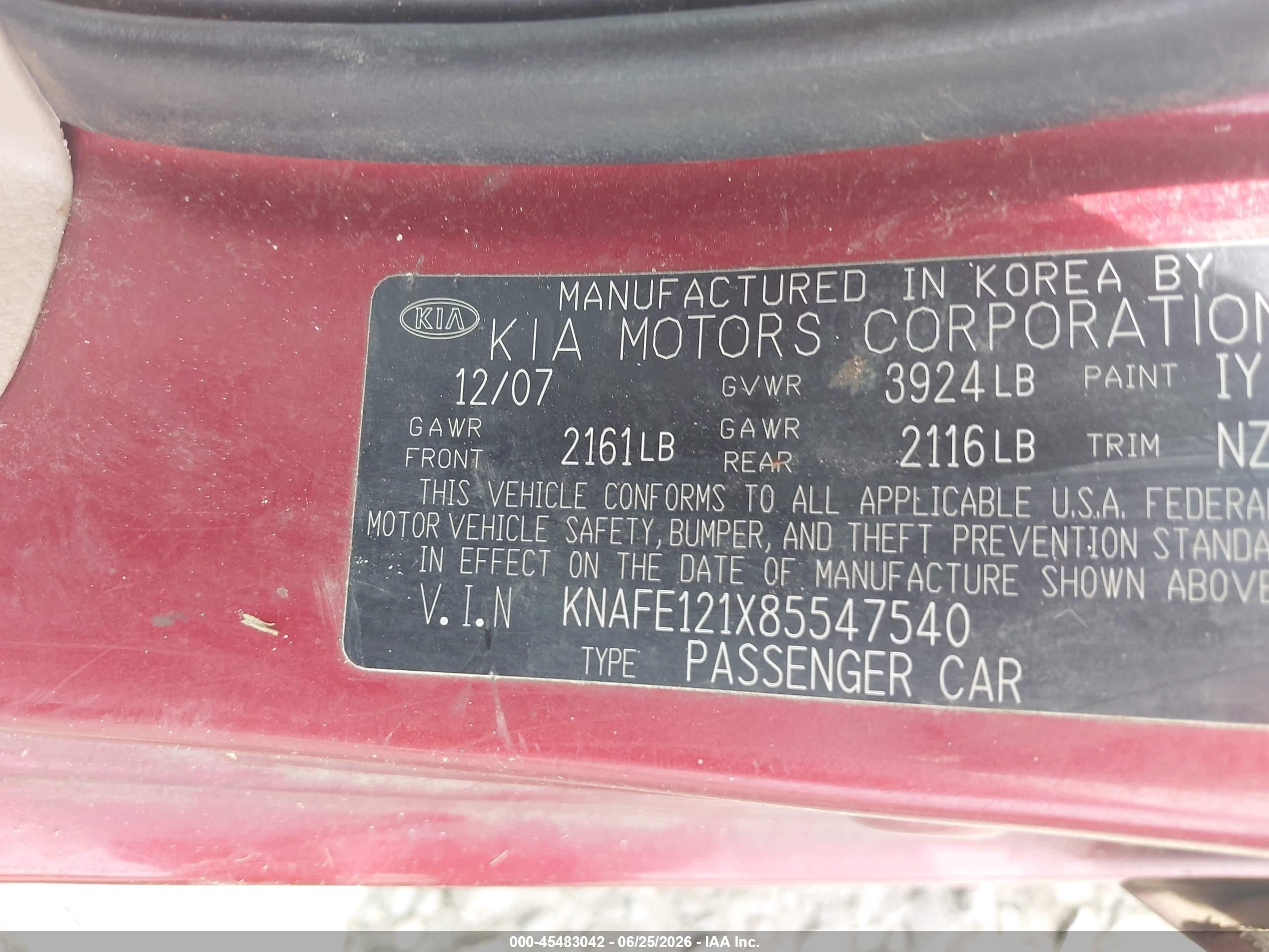 2008 Kia Spectra Ex Red vin: KNAFE121X85547540