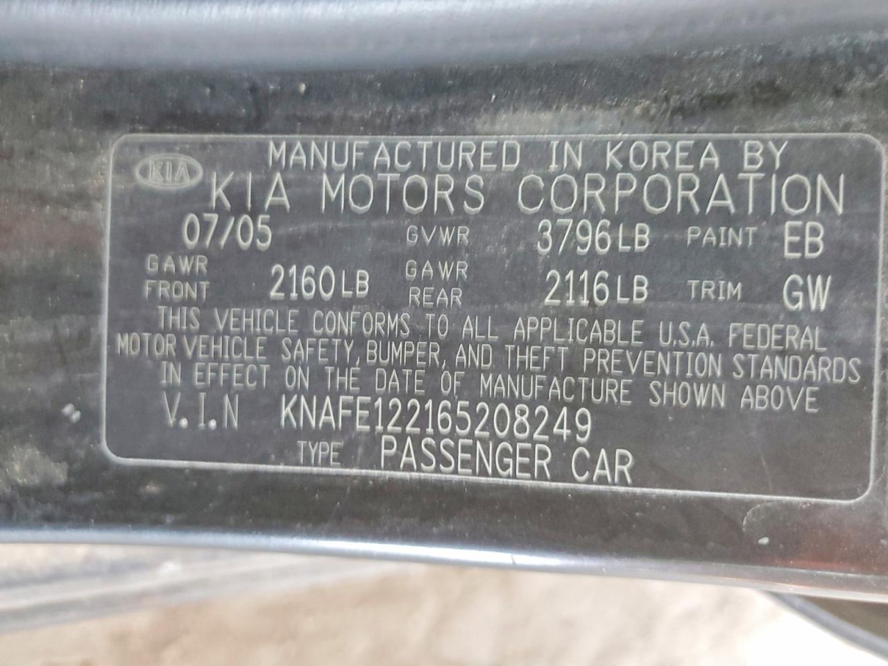 2006 Kia Spectra Charcoal vin: KNAFE122165208249