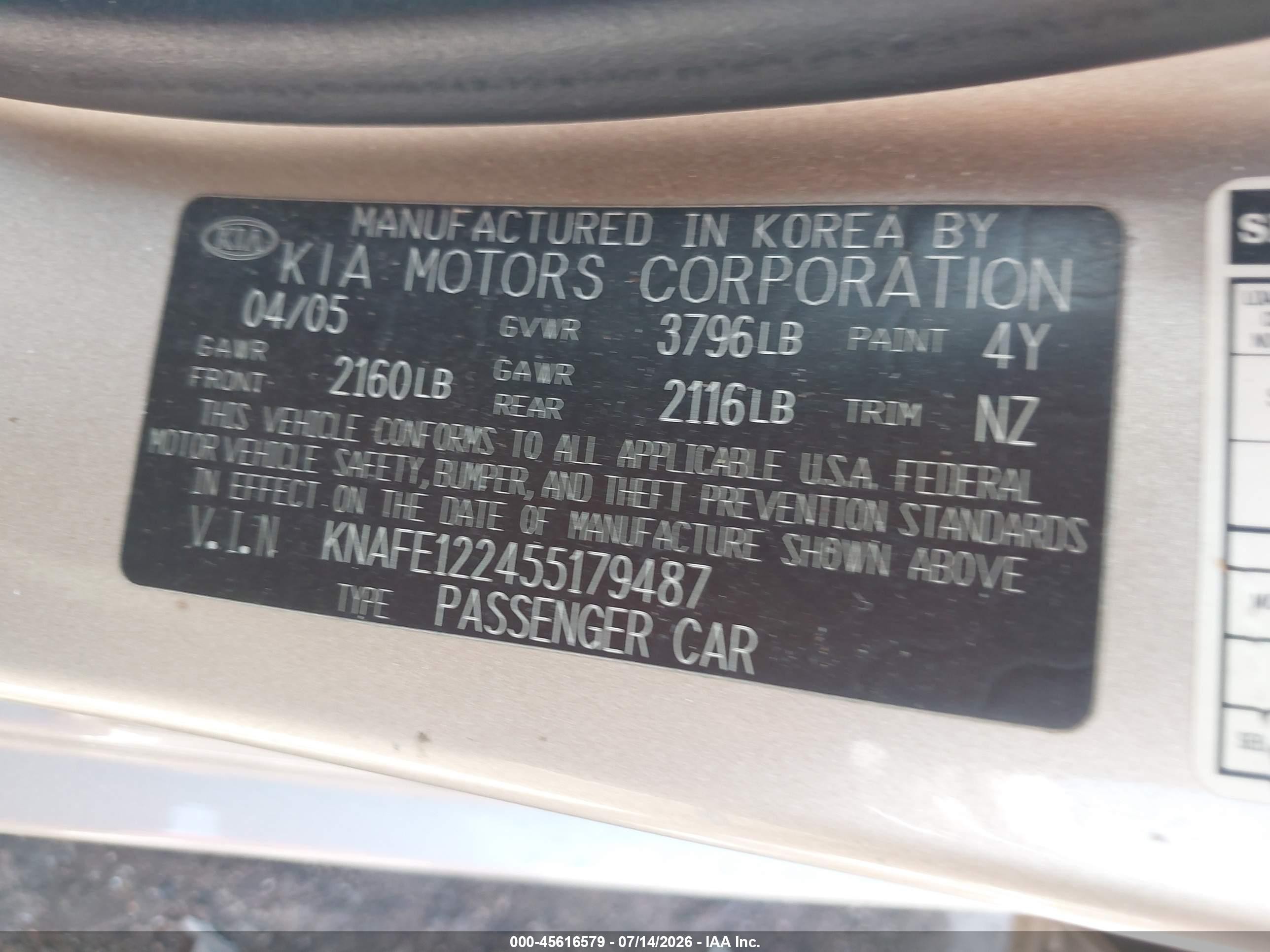 2005 Kia Spectra Ex/lx/sx Tan vin: KNAFE122455179487