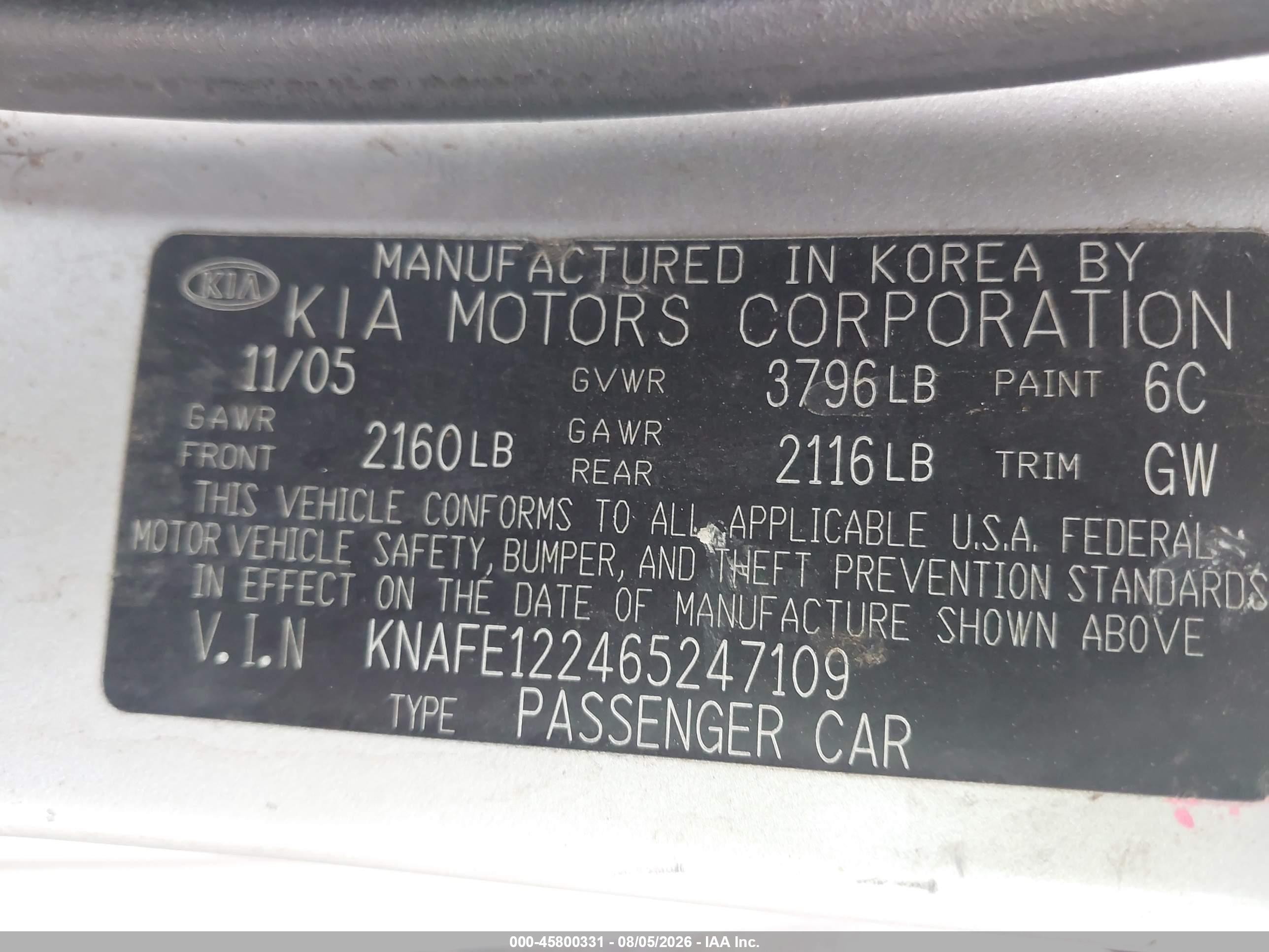 2006 Kia Spectra Ex/lx/sx Silver vin: KNAFE122465247109