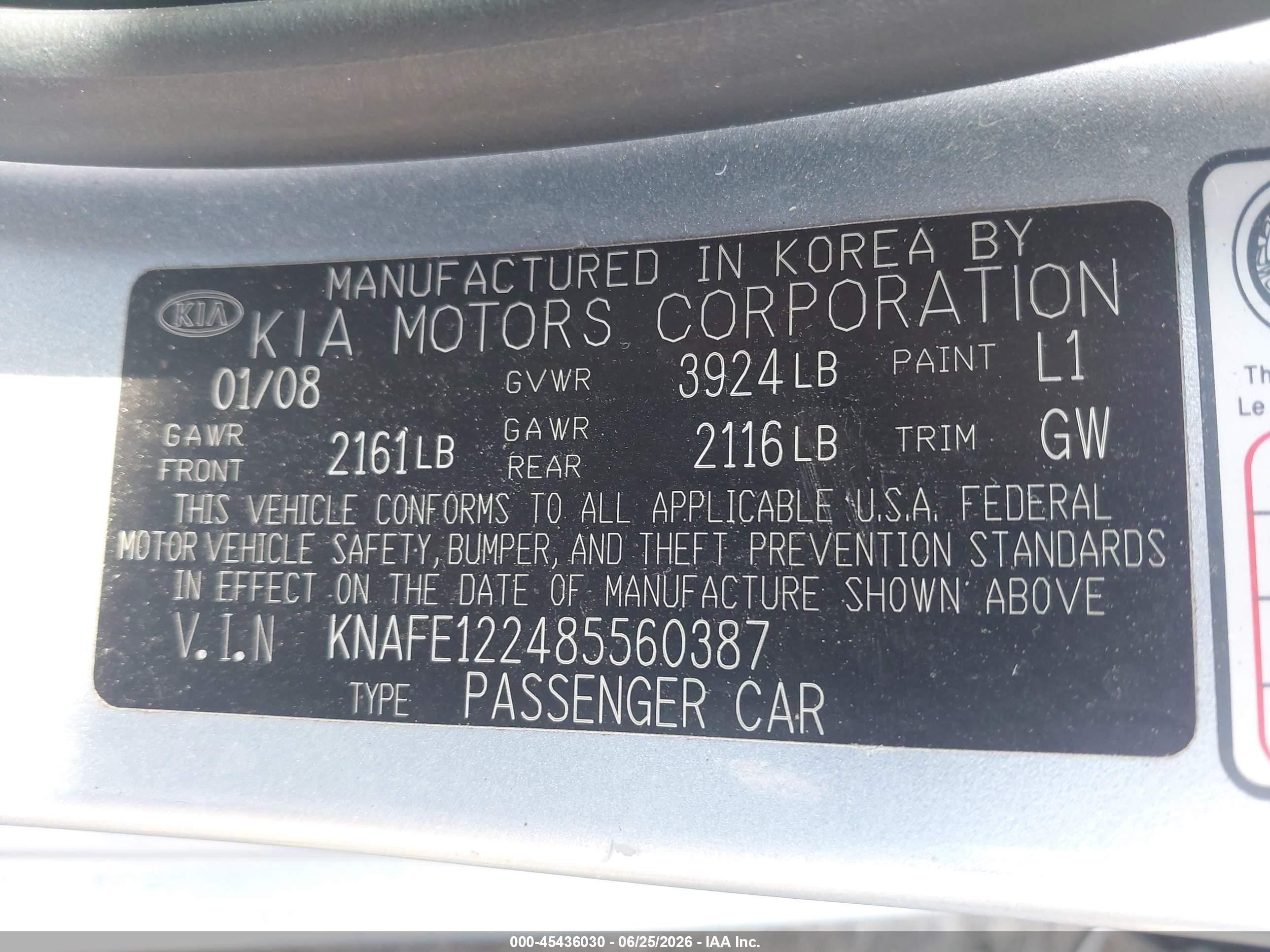 2008 Kia Spectra Ex Silver vin: KNAFE122485560387