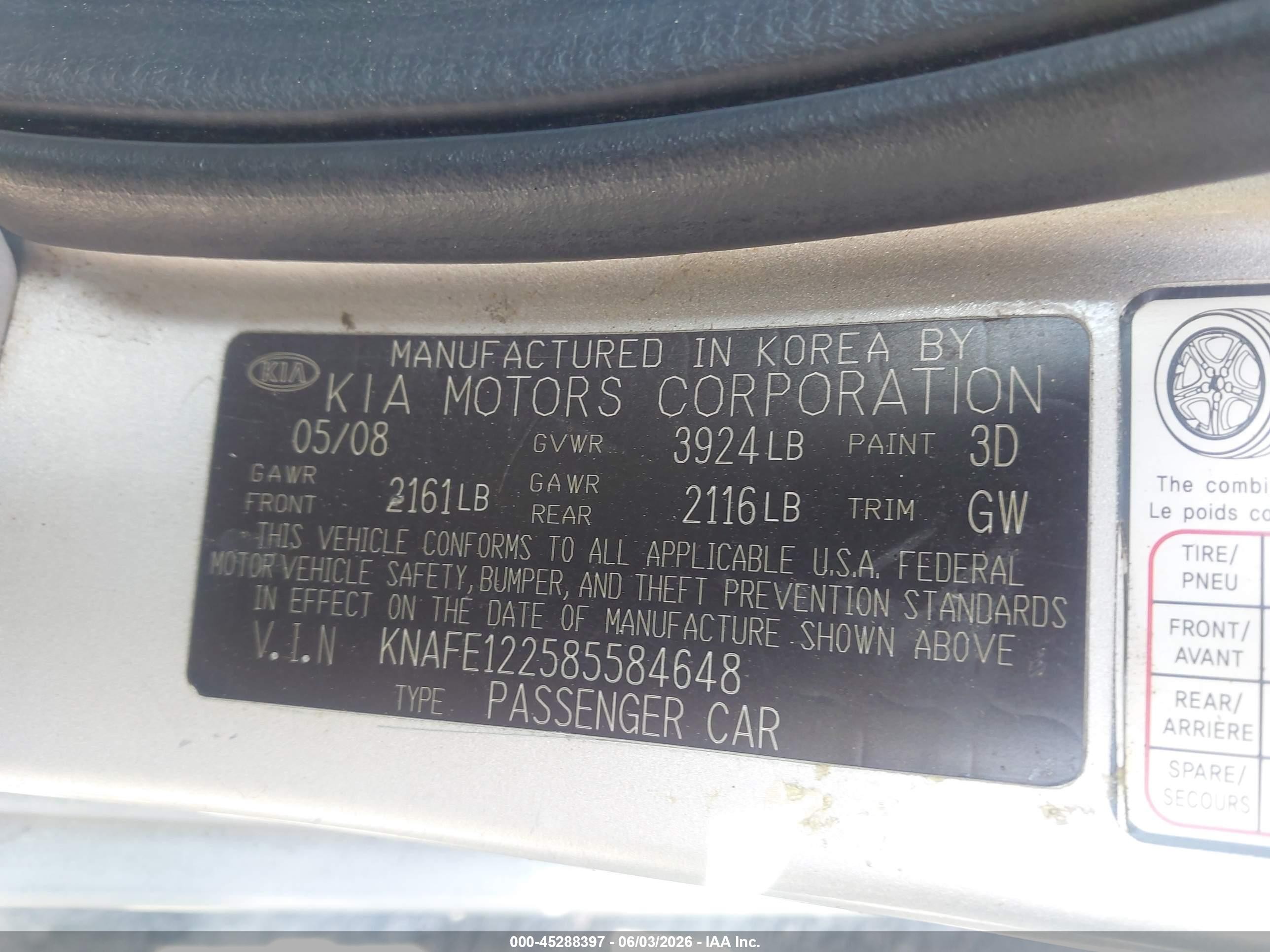 2008 Kia Spectra Ex Silver vin: KNAFE122585584648