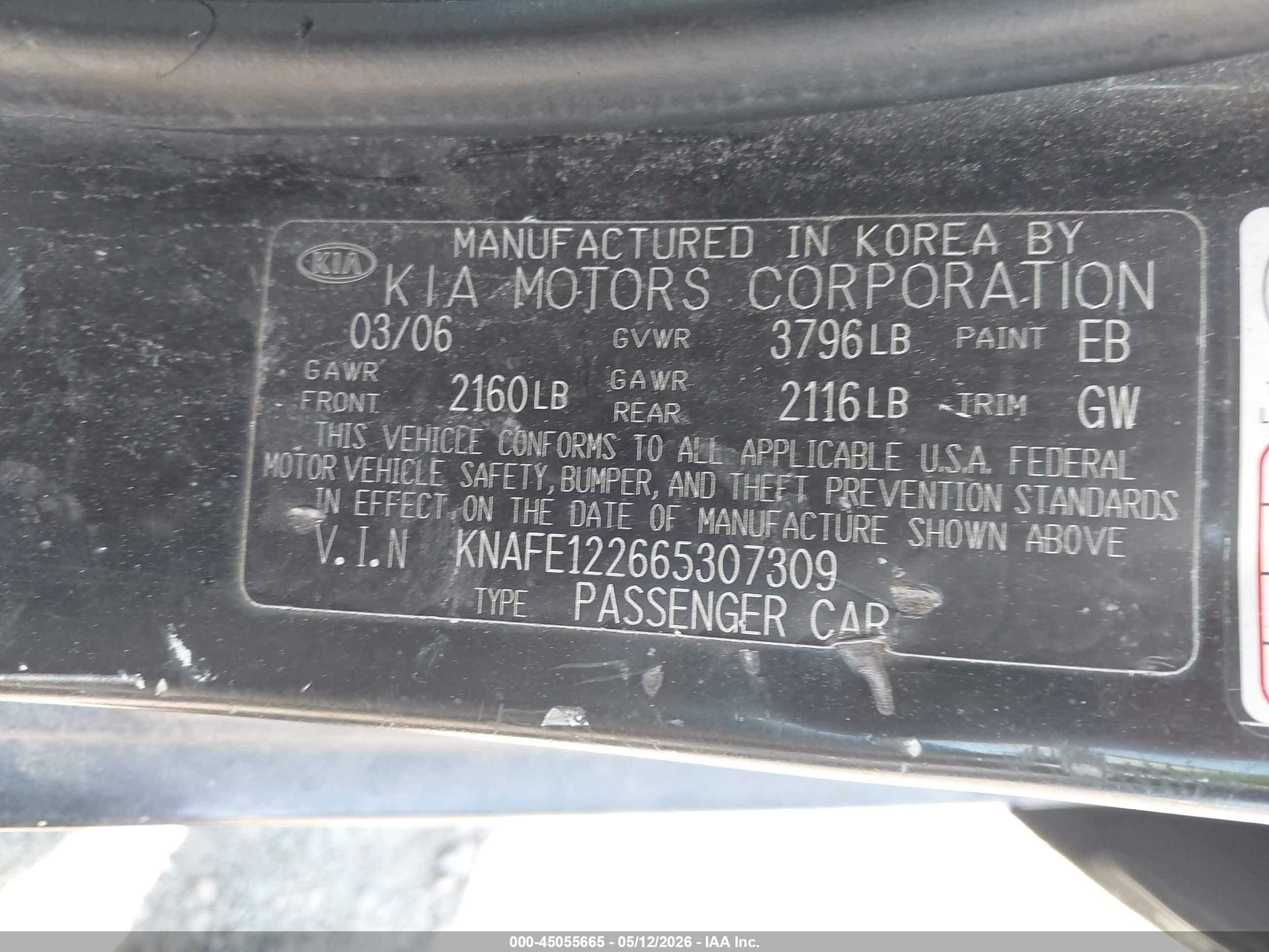 2006 Kia Spectra Ex/lx/sx Black vin: KNAFE122665307309