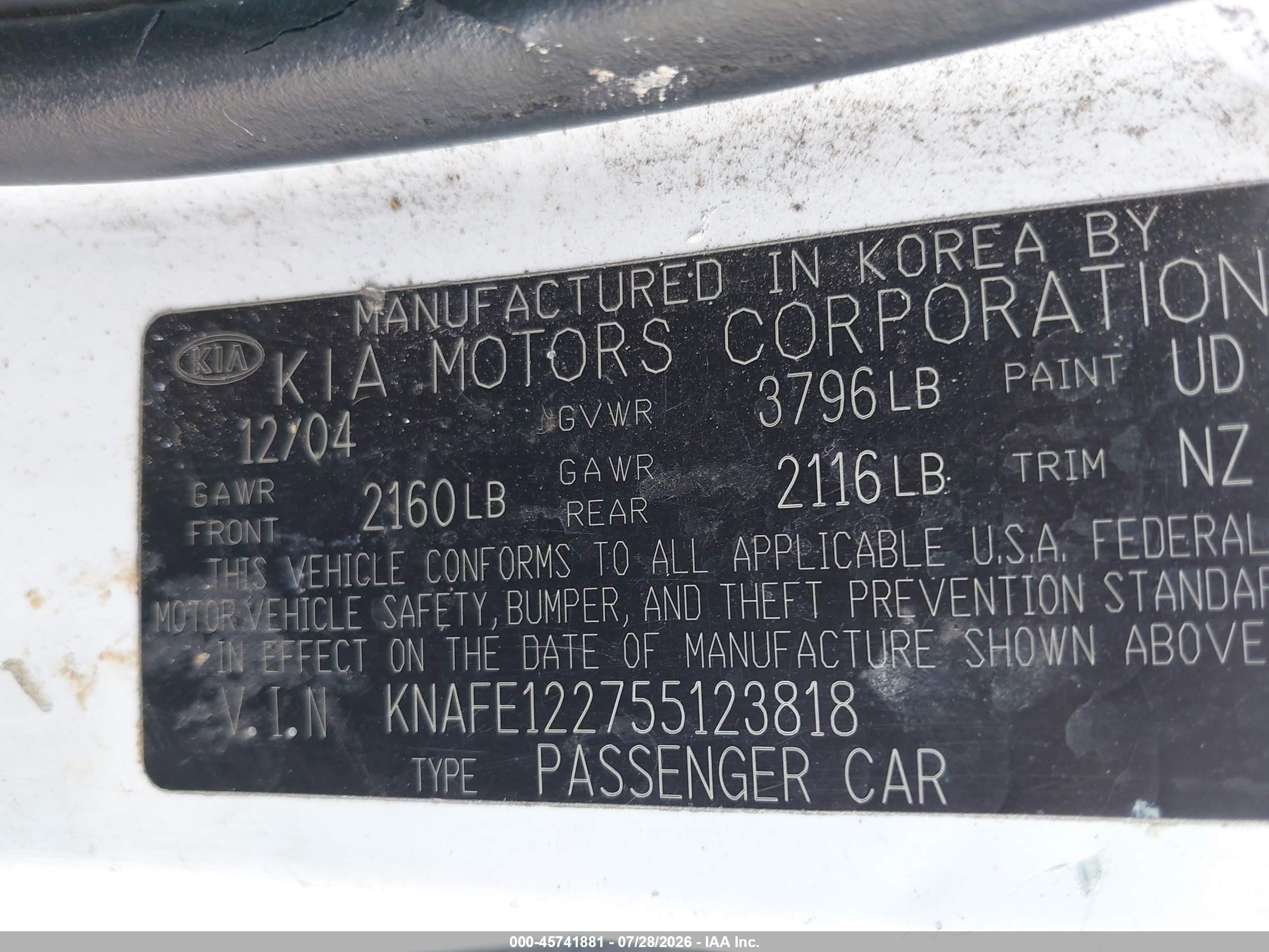 2005 Kia Spectra Ex/lx/sx White vin: KNAFE122755123818