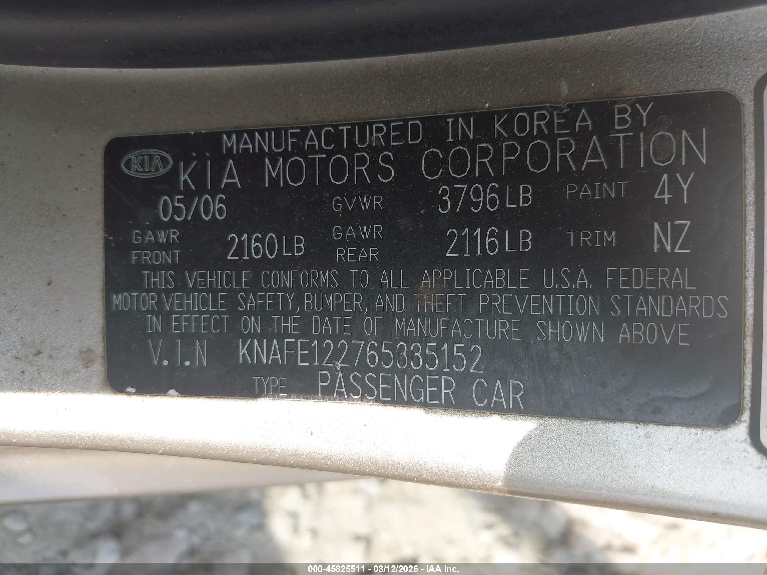 2006 Kia Spectra Ex/lx/sx Beige vin: KNAFE122765335152