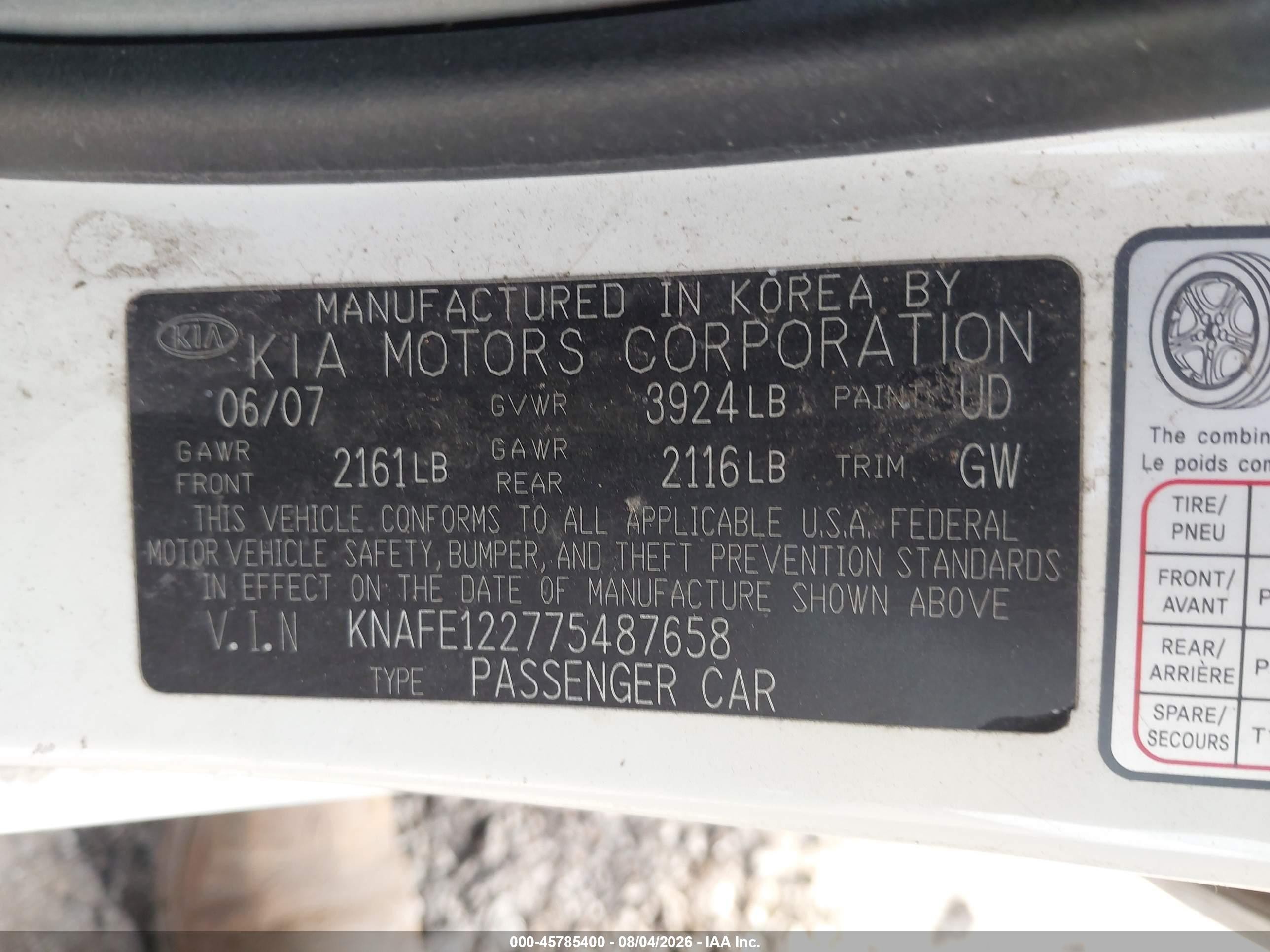 2007 Kia Spectra Ex White vin: KNAFE122775487658