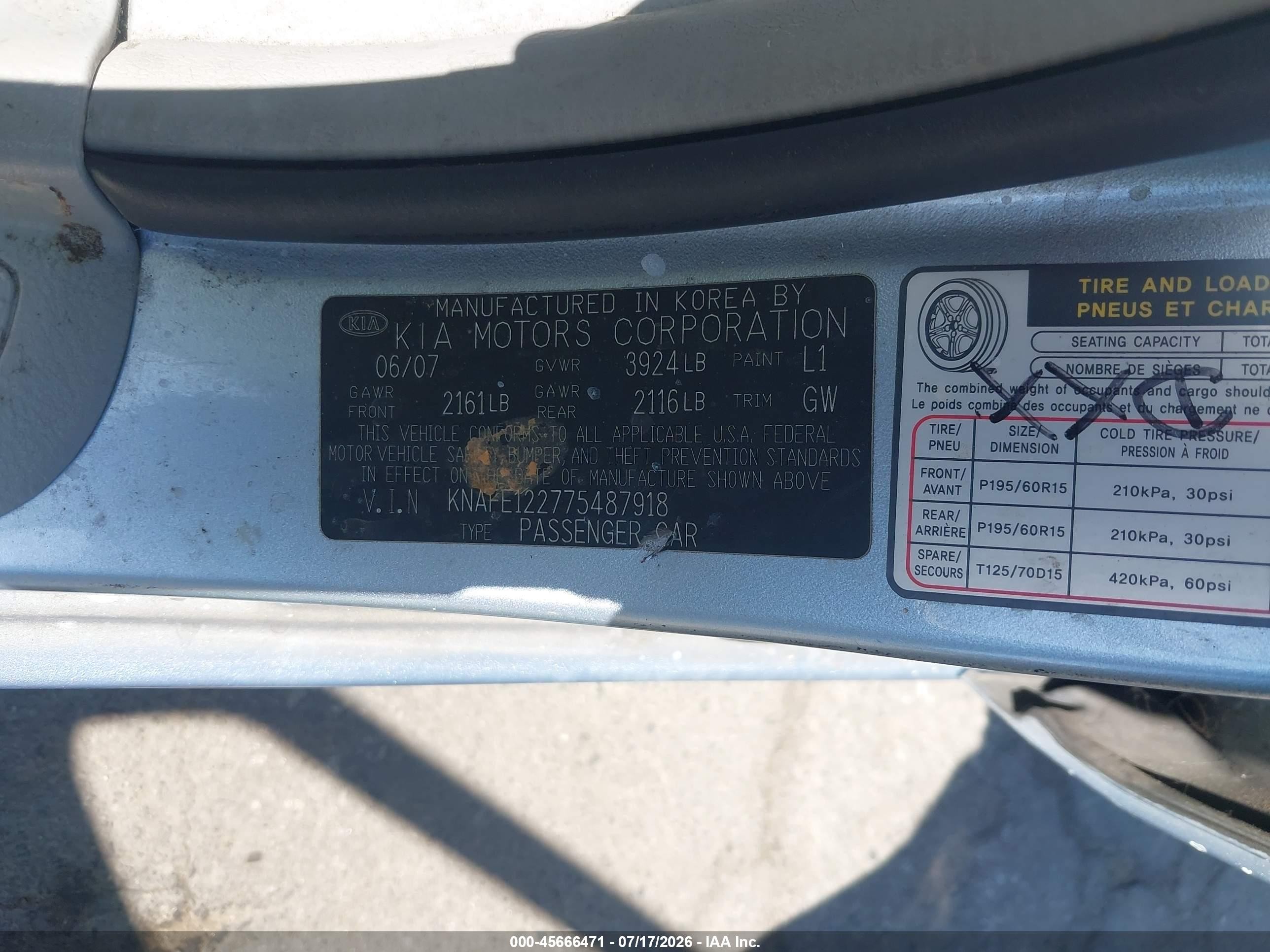 2007 Kia Spectra Ex Blue vin: KNAFE122775487918