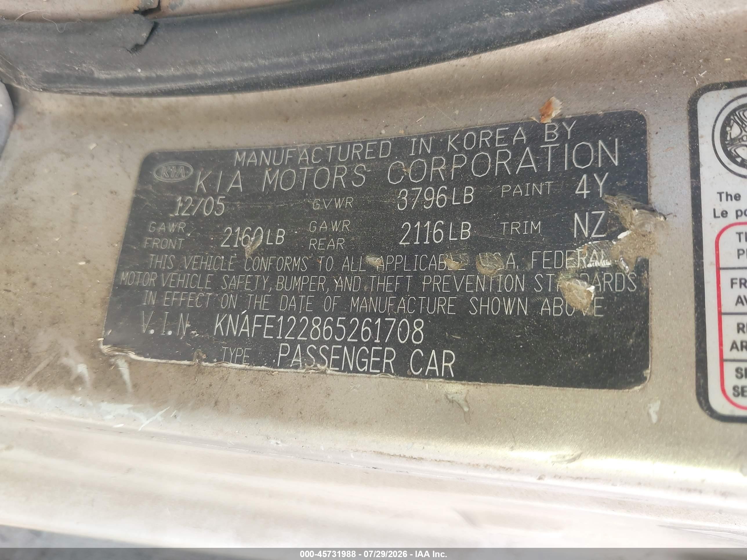 2006 Kia Spectra Ex/lx/sx Gold vin: KNAFE122865261708