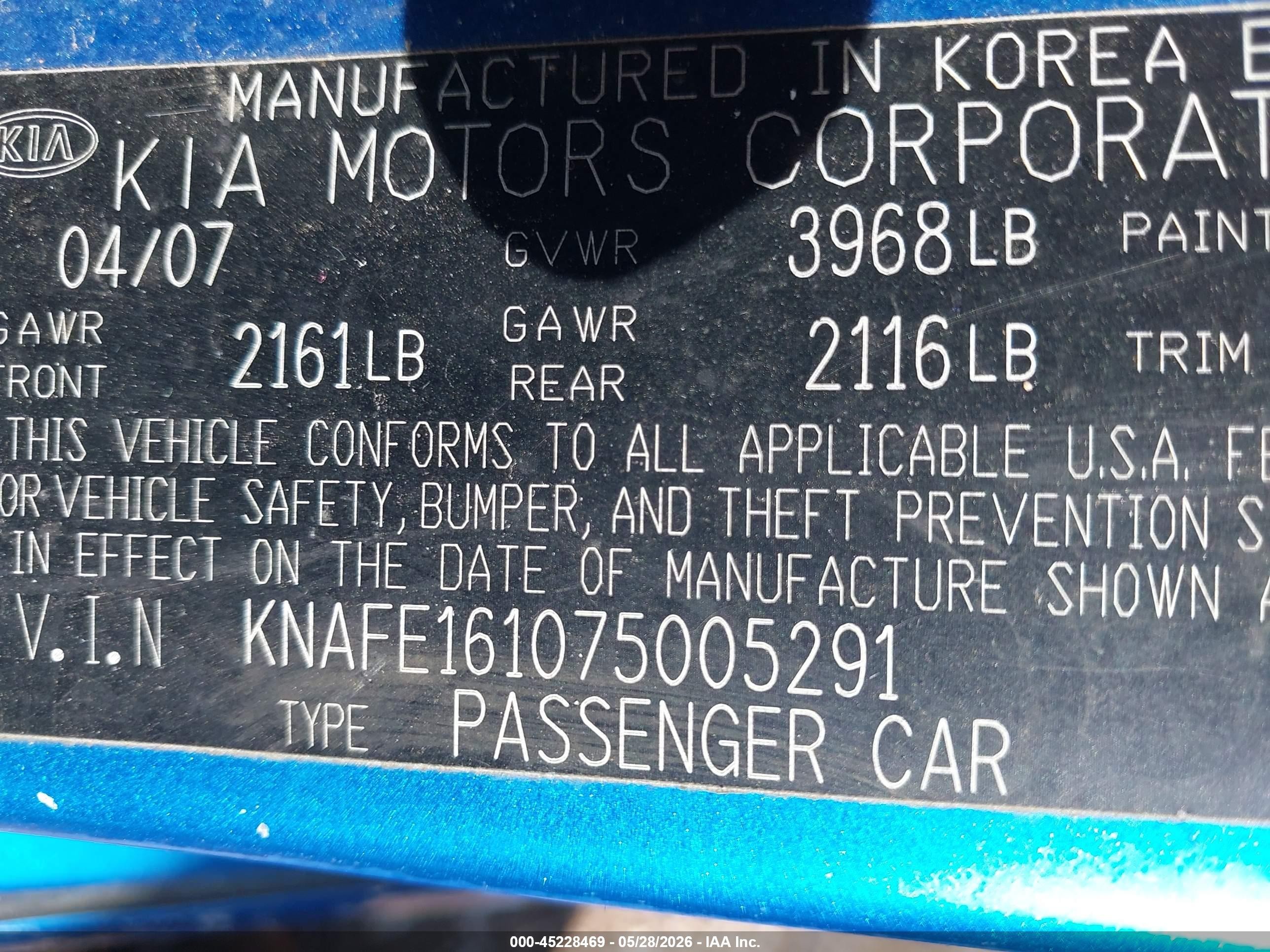 2007 Kia Spectra5 Sx Blue vin: KNAFE161075005291