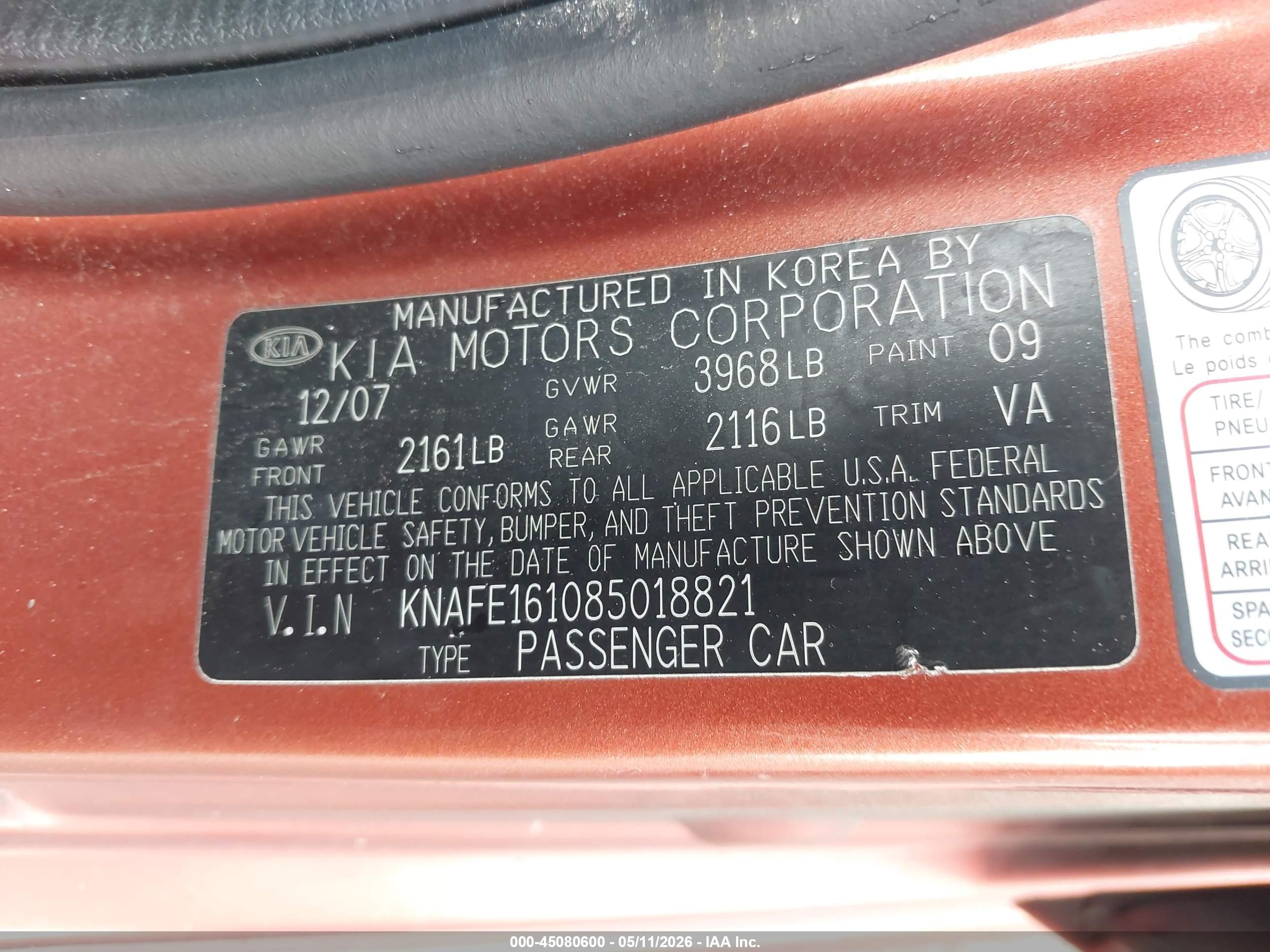 2008 Kia Spectra5 Sx Orange vin: KNAFE161085018821