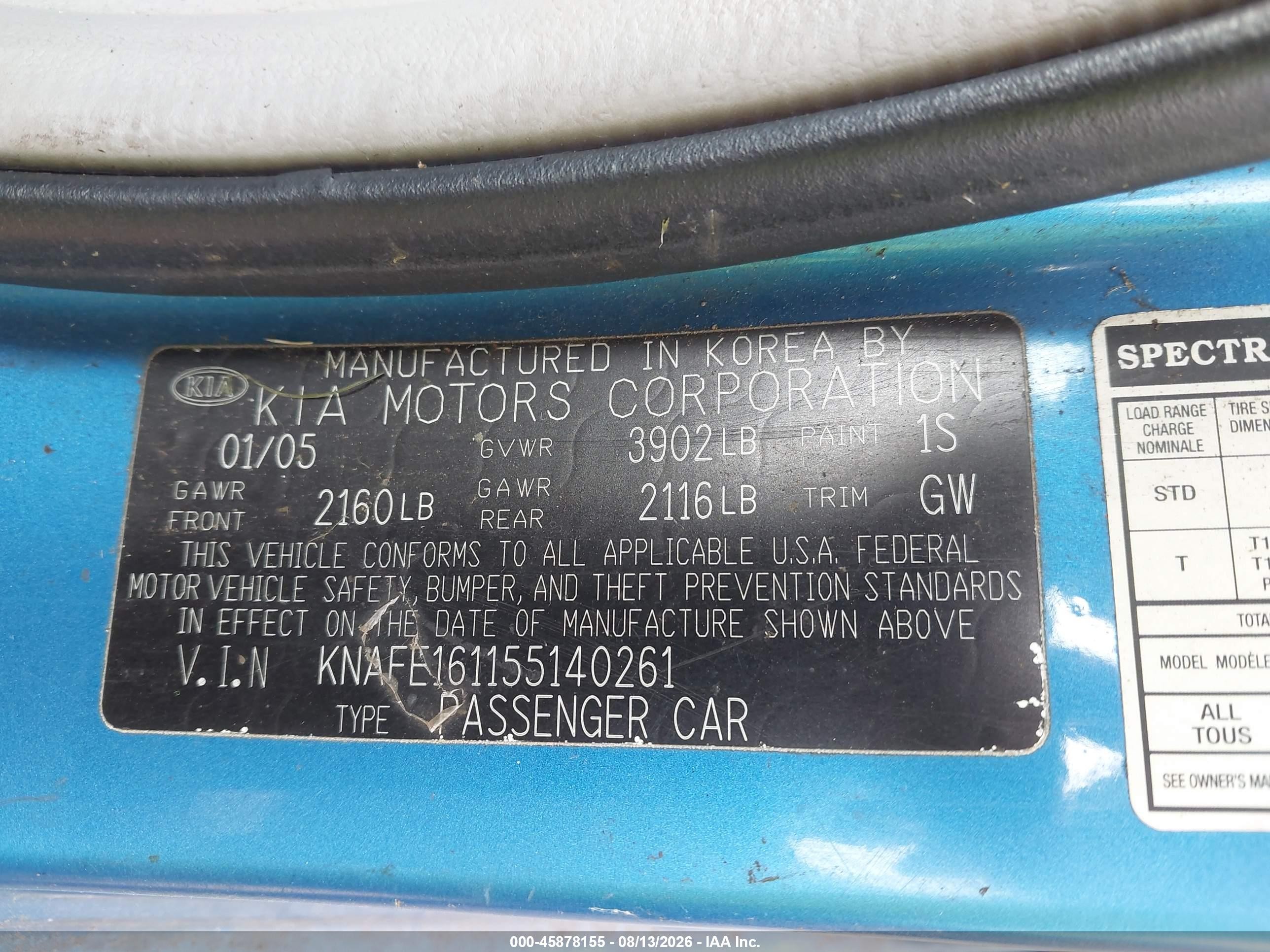 2005 Kia Spectra5 Blue vin: KNAFE161155140261