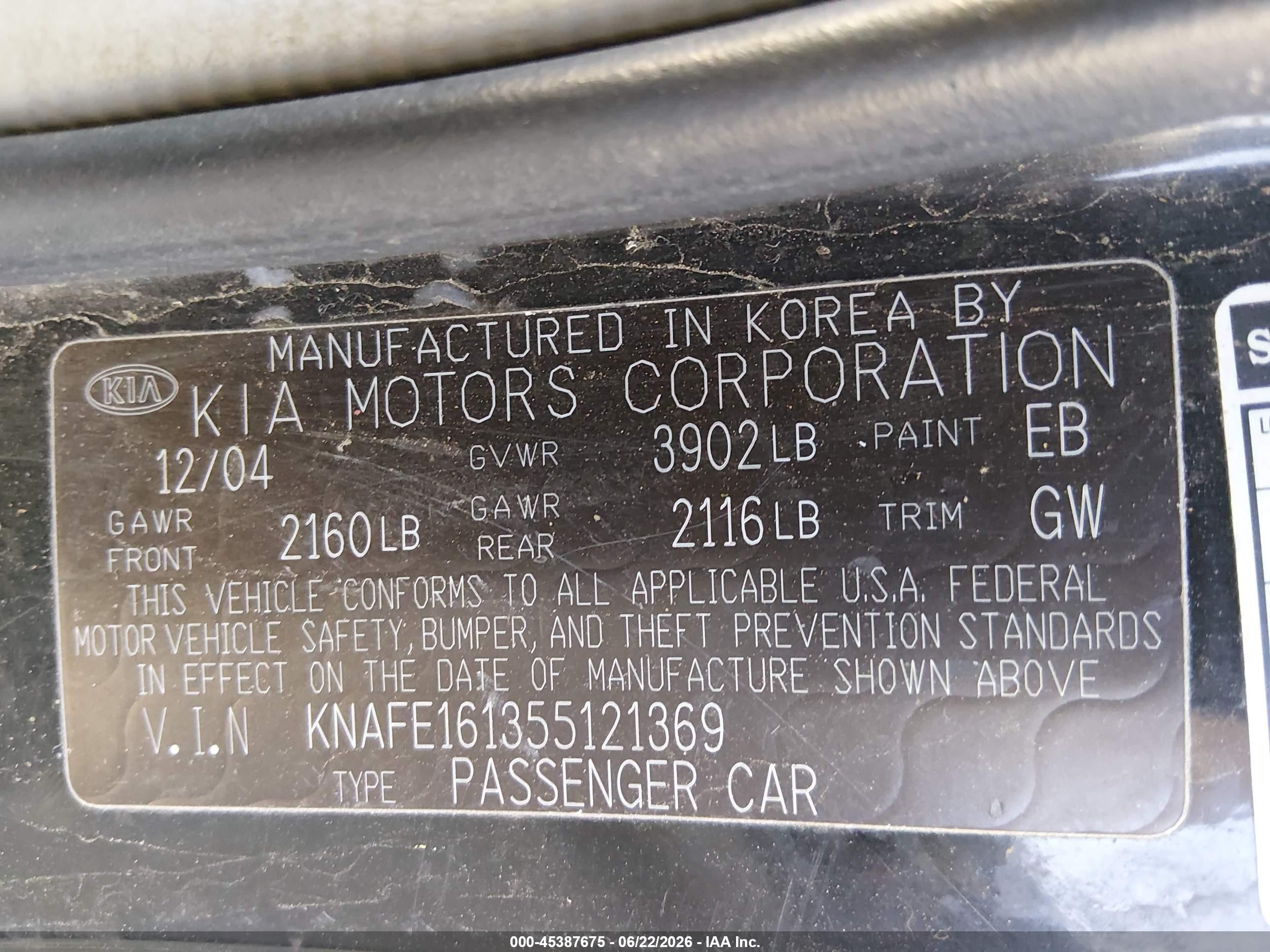 2005 Kia Spectra5   Black vin: KNAFE161355121369