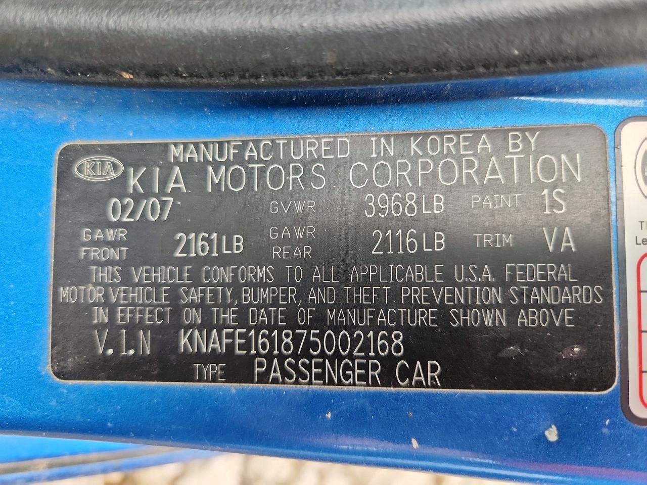 2007 Kia Spectra5 Sx Blue vin: KNAFE161875002168