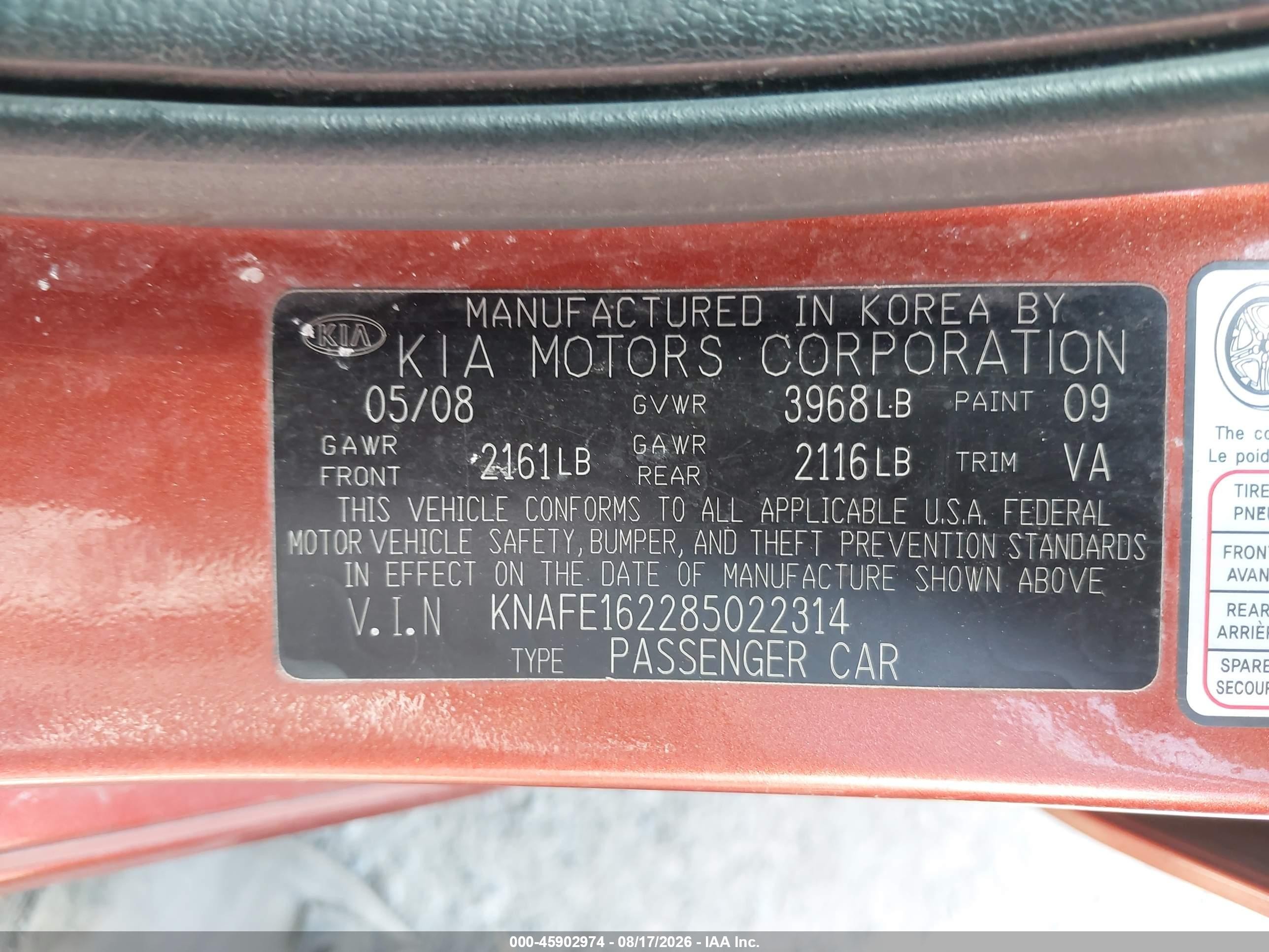2008 Kia Spectra5 Sx Orange vin: KNAFE162285022314