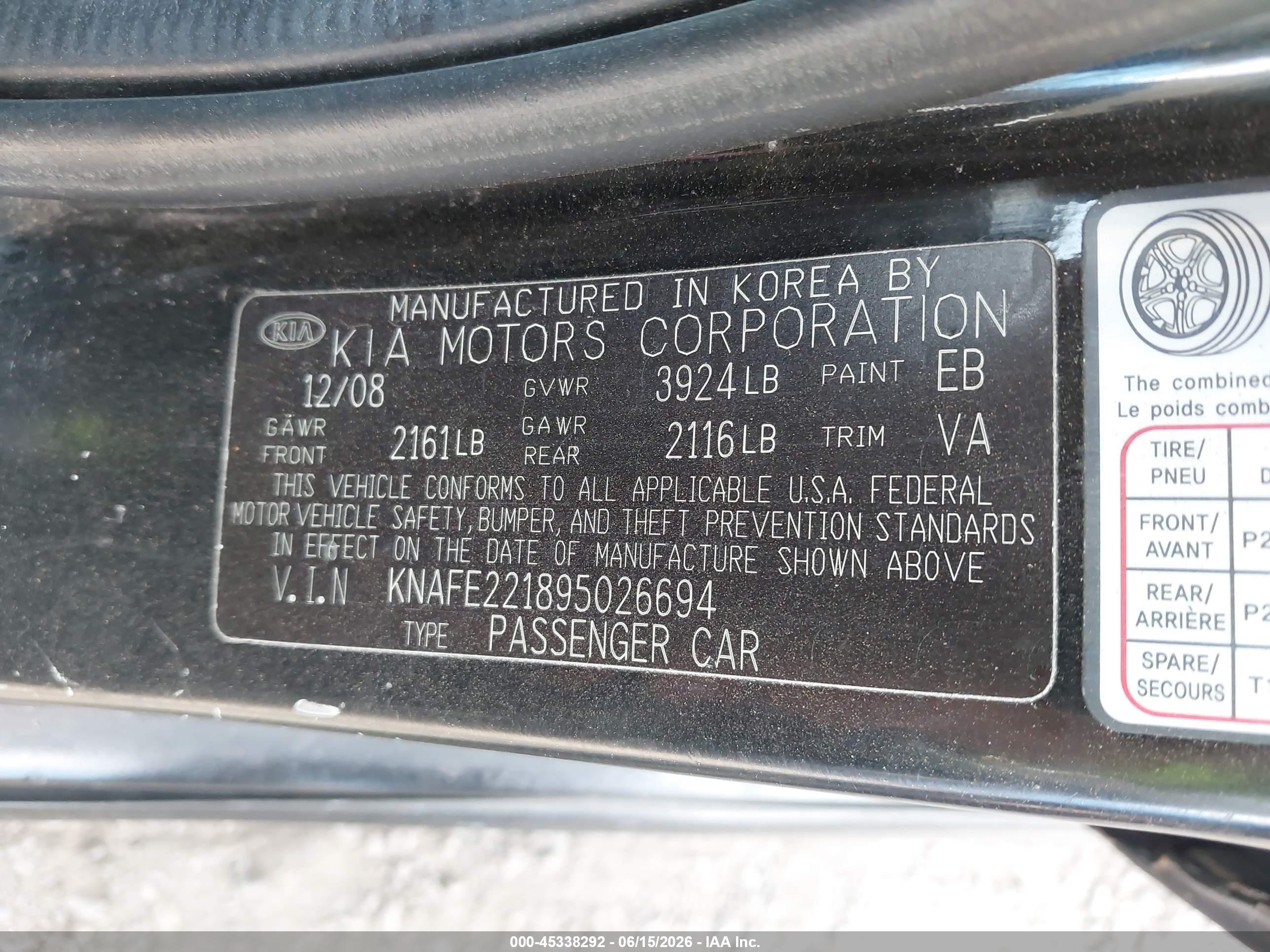 2009 Kia Spectra Sx Black vin: KNAFE221895026694