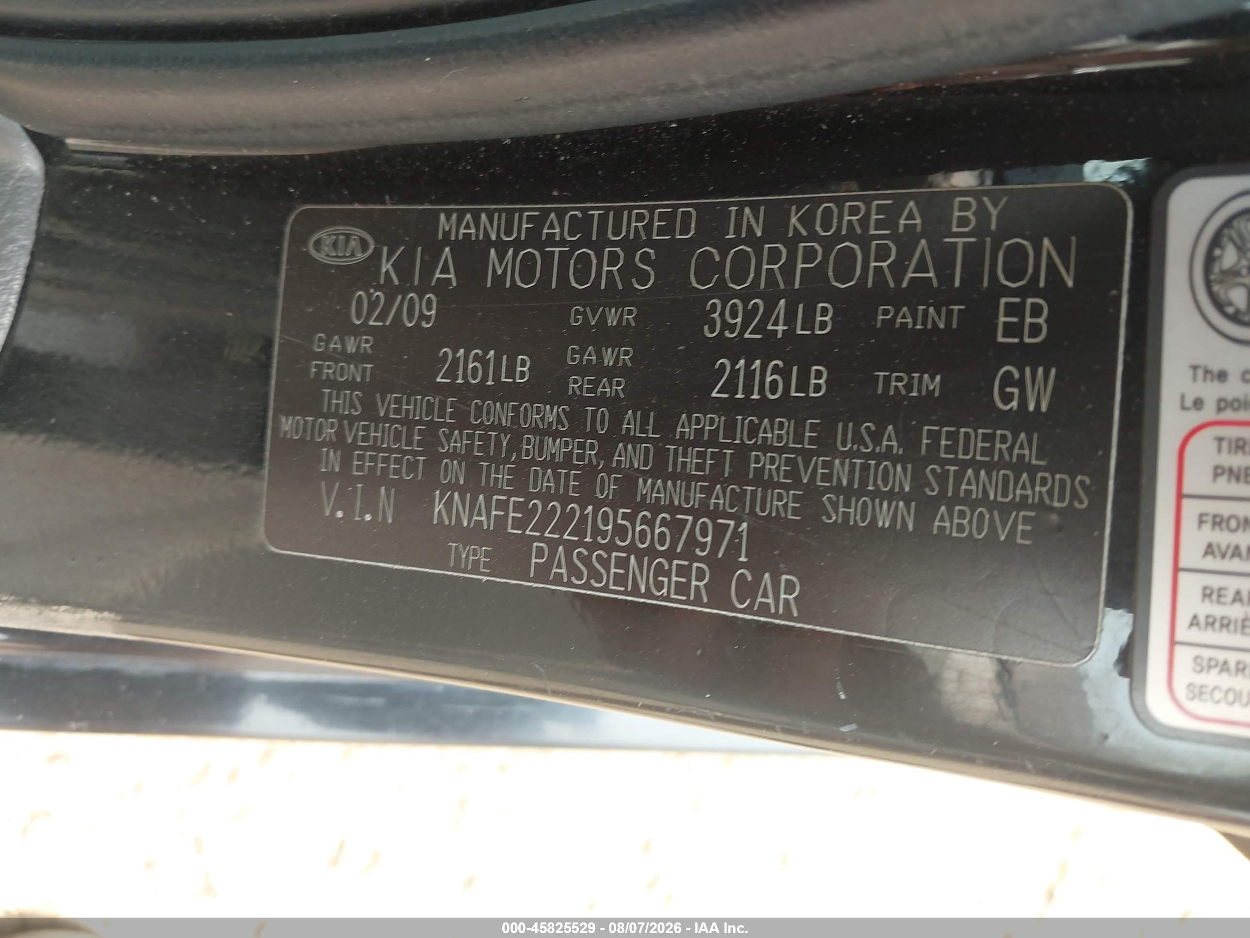 2009 Kia Spectra Ex Black vin: KNAFE222195667971