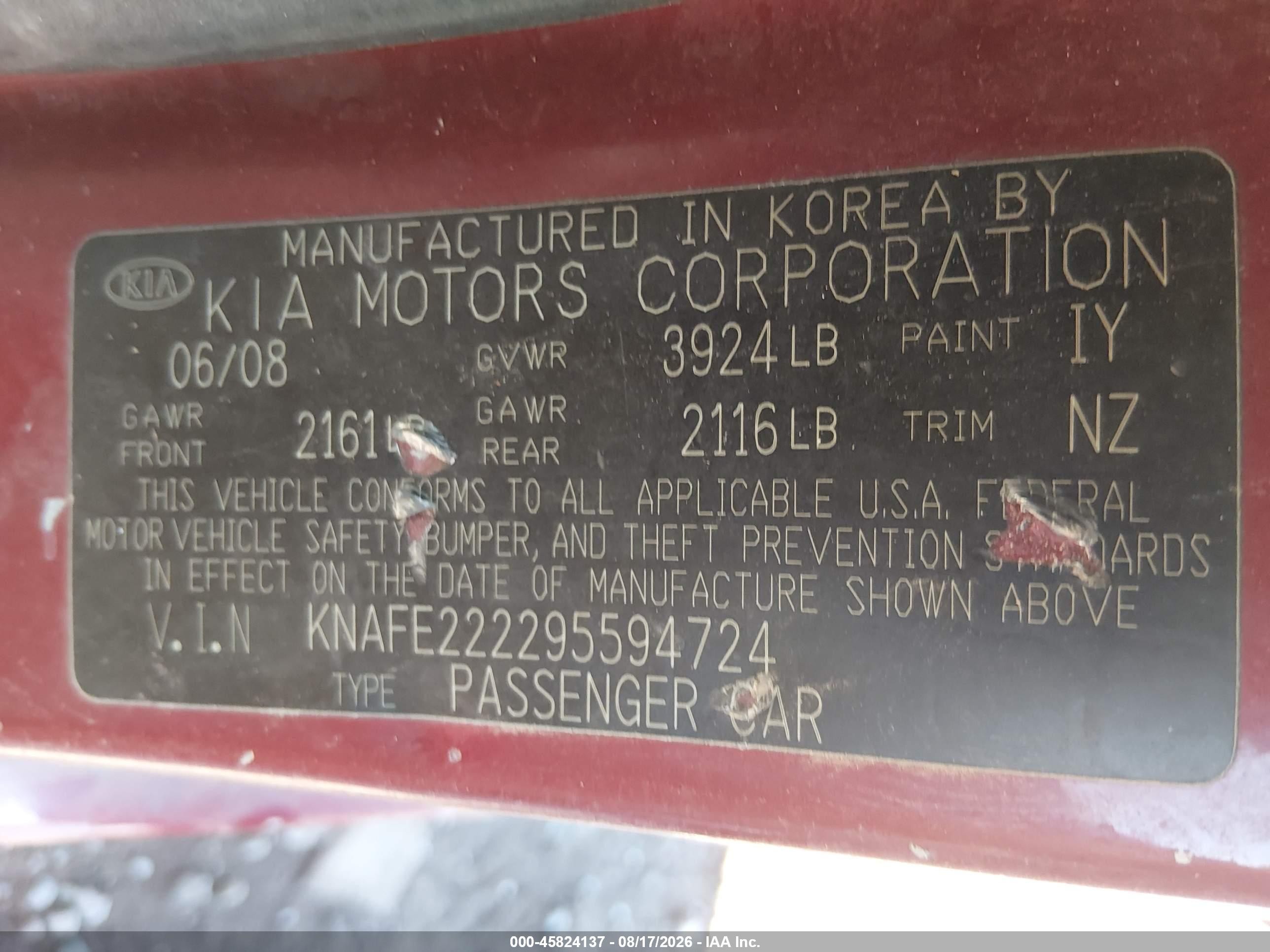 2009 Kia Spectra Ex Burgundy vin: KNAFE222295594724
