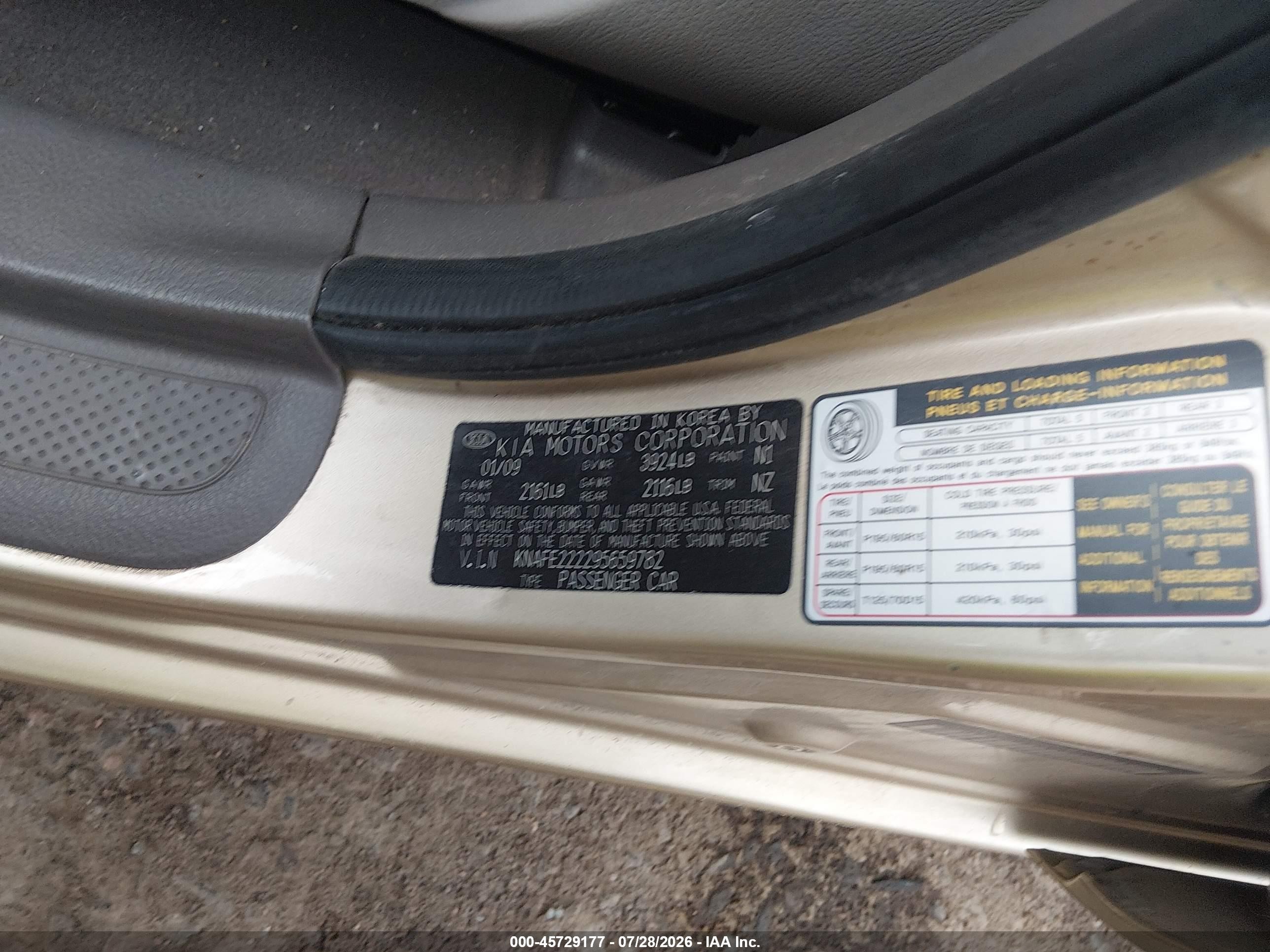2009 Kia Spectra Ex Gold vin: KNAFE222295659782