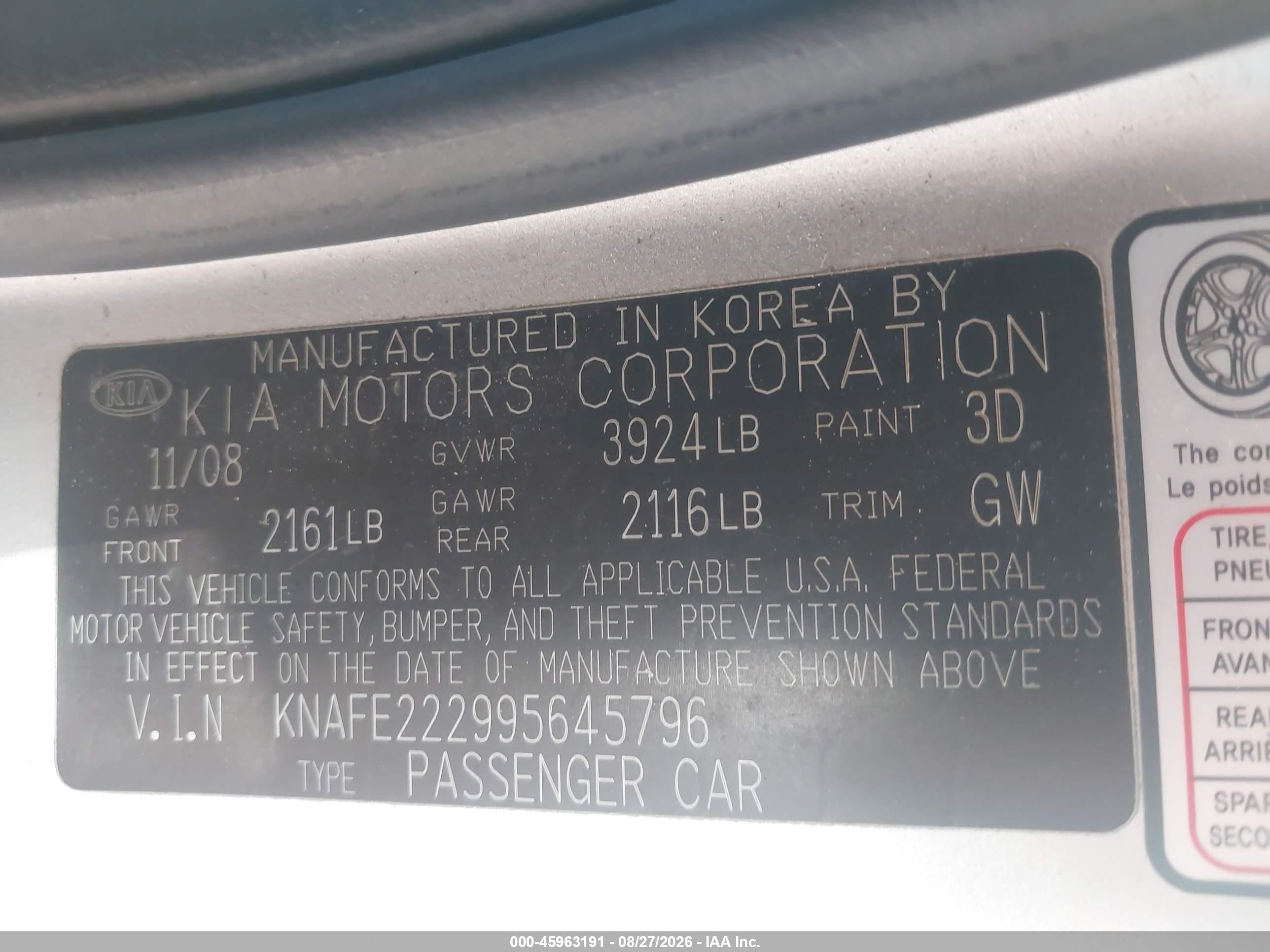 2009 Kia Spectra Ex Silver vin: KNAFE222995645796